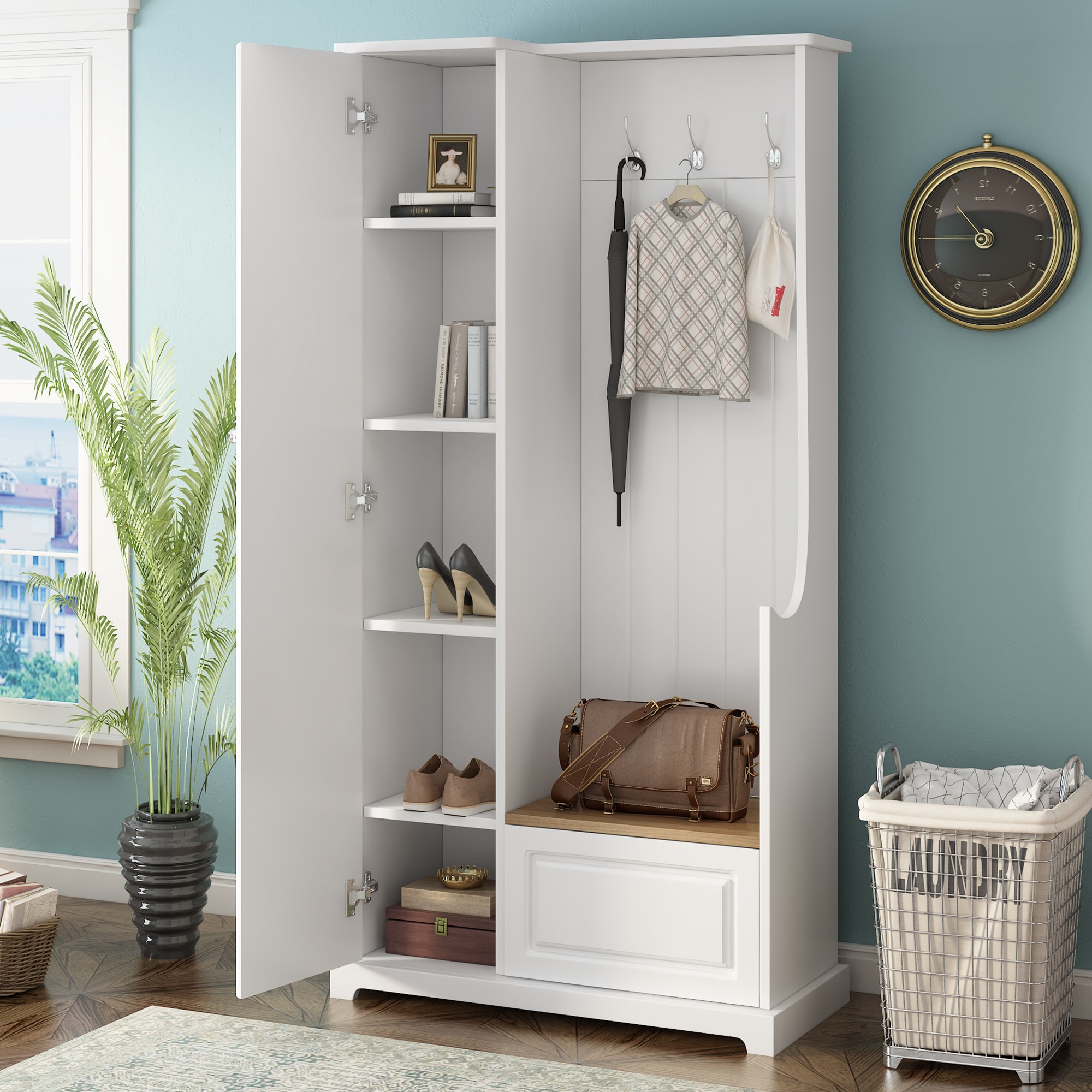 ModernLuxe WF304223AAK Stylish Design Hall Tree with FlipUp BenchMinimalist Hallway Shoe Cabinet with Adjustable ShelvesMultifunctional Furniture with Hanging Hooks for EntrywaysMudroomWhite