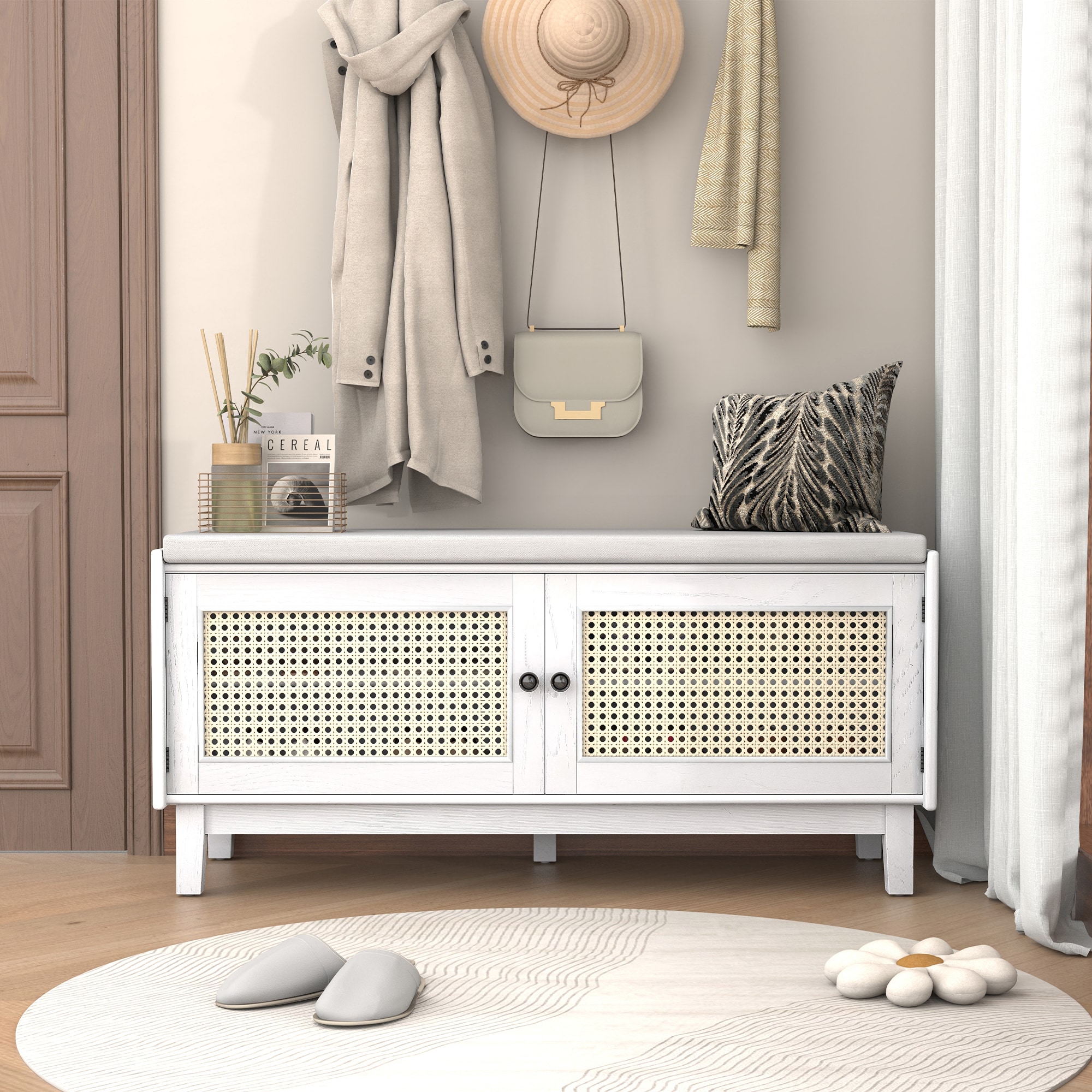 Huluwat Boho Rattan Entryway Bench with Storage Cushioned Shoe Bench with Double Doors Wooden Shoe Organizer Bench for Entryway and Hallway White Beige