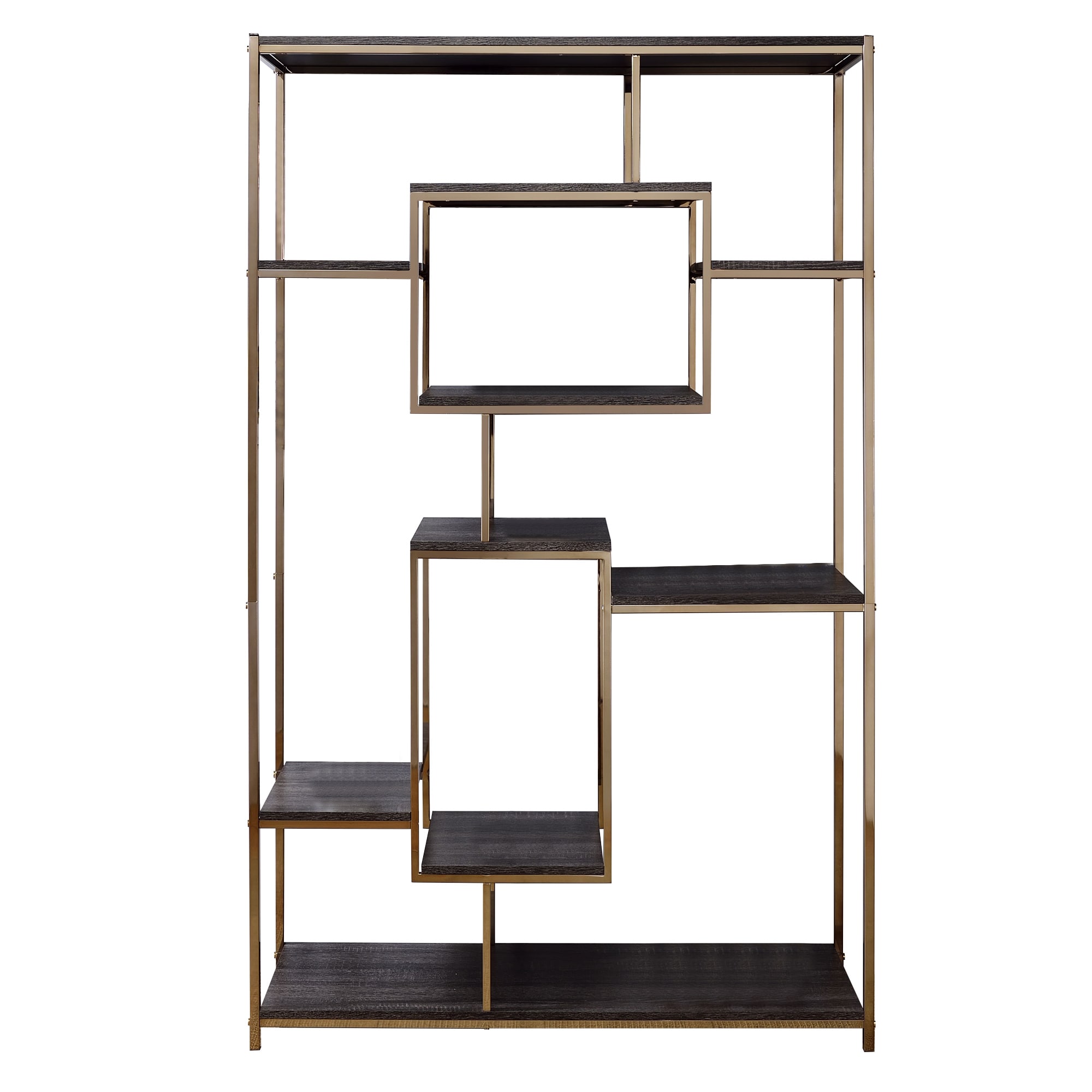 Benzara BM209605 Etagere Bookshelf with 9 Shelves and Geometric Pattern, Gold and Dark Gray