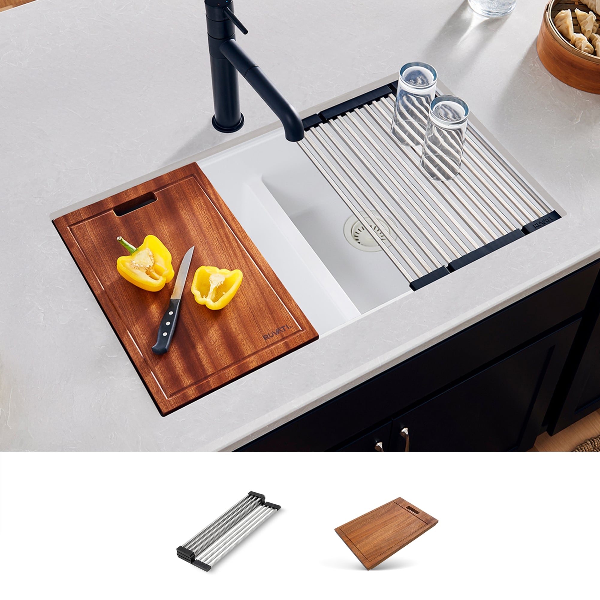 Ruvati epiGranite Undermount 32.5-in x 19.25-in Granite Double equal bowl Workstation Kitchen Sink #RVG2343WH