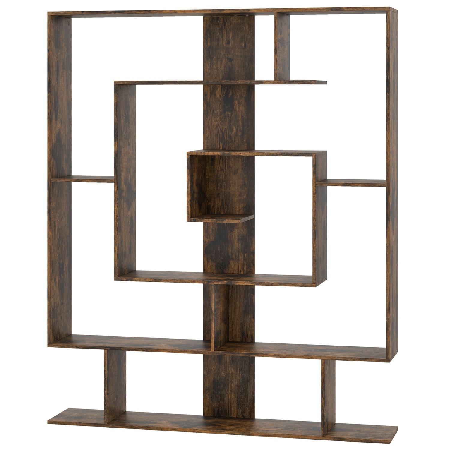  7-Tier Bookshelf Geometric Bookcase with 2 Anti-Tipping Kits Rustic Brown