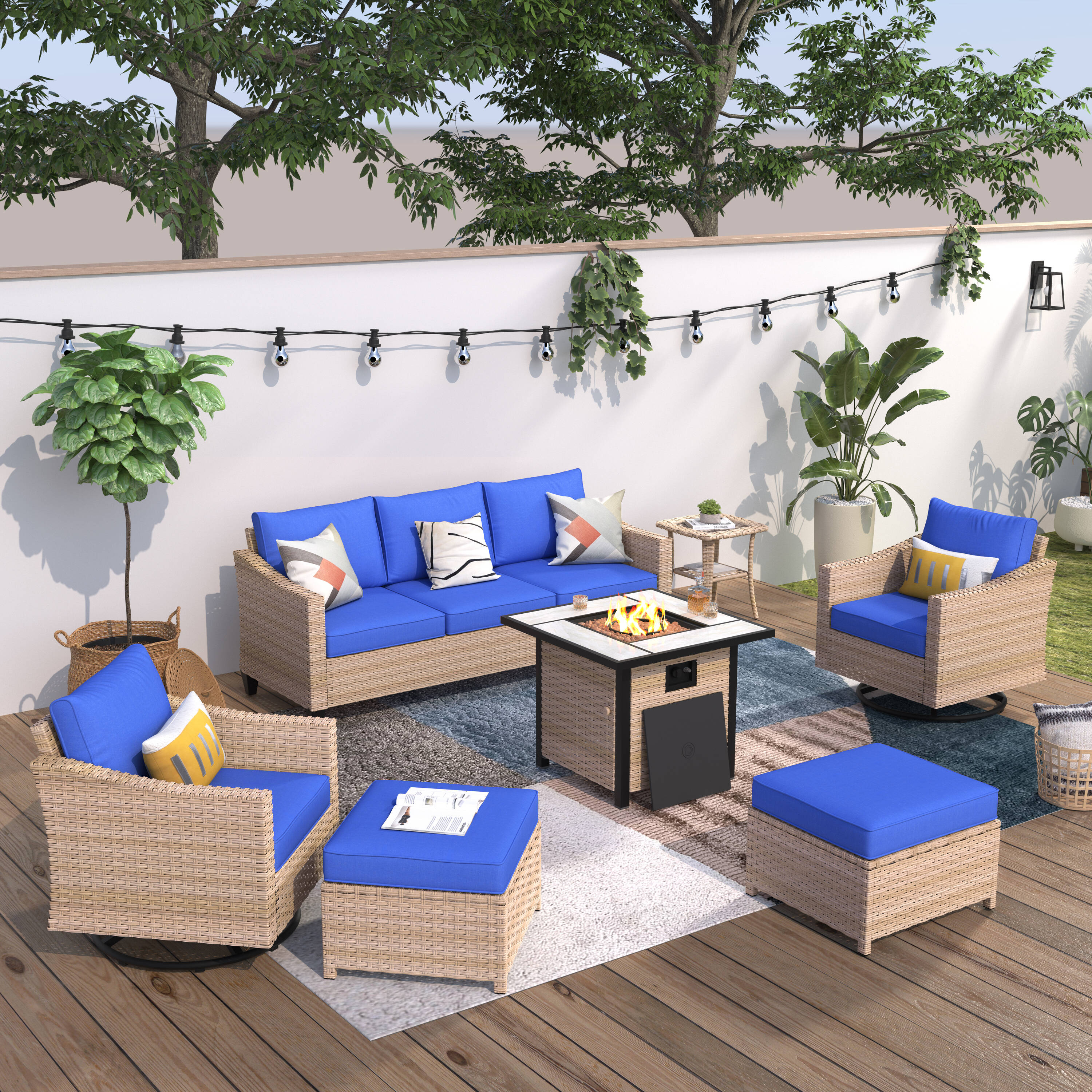 XIZZI XIMW704-8RC Aries 7 -Piece Wicker Patio Sofa Conversation Set with Blue Cushions
