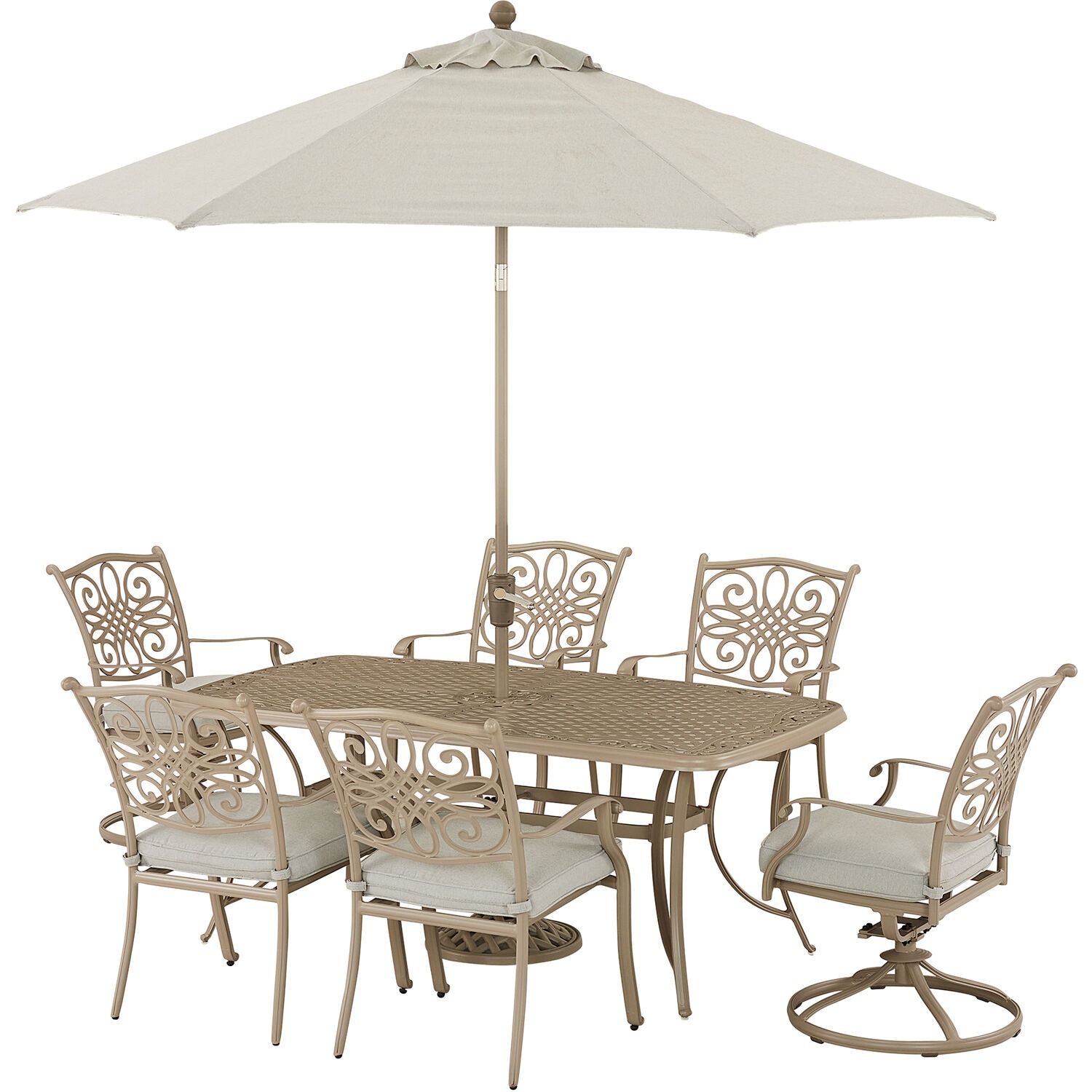 Hanover TRADDNS7PCSW2-BE-SU Traditions with Umbrella 7-Piece Tan Patio Dining Set Aluminum Rectangle Table with 6 Tan Cushions Swivel Rocker Chairs