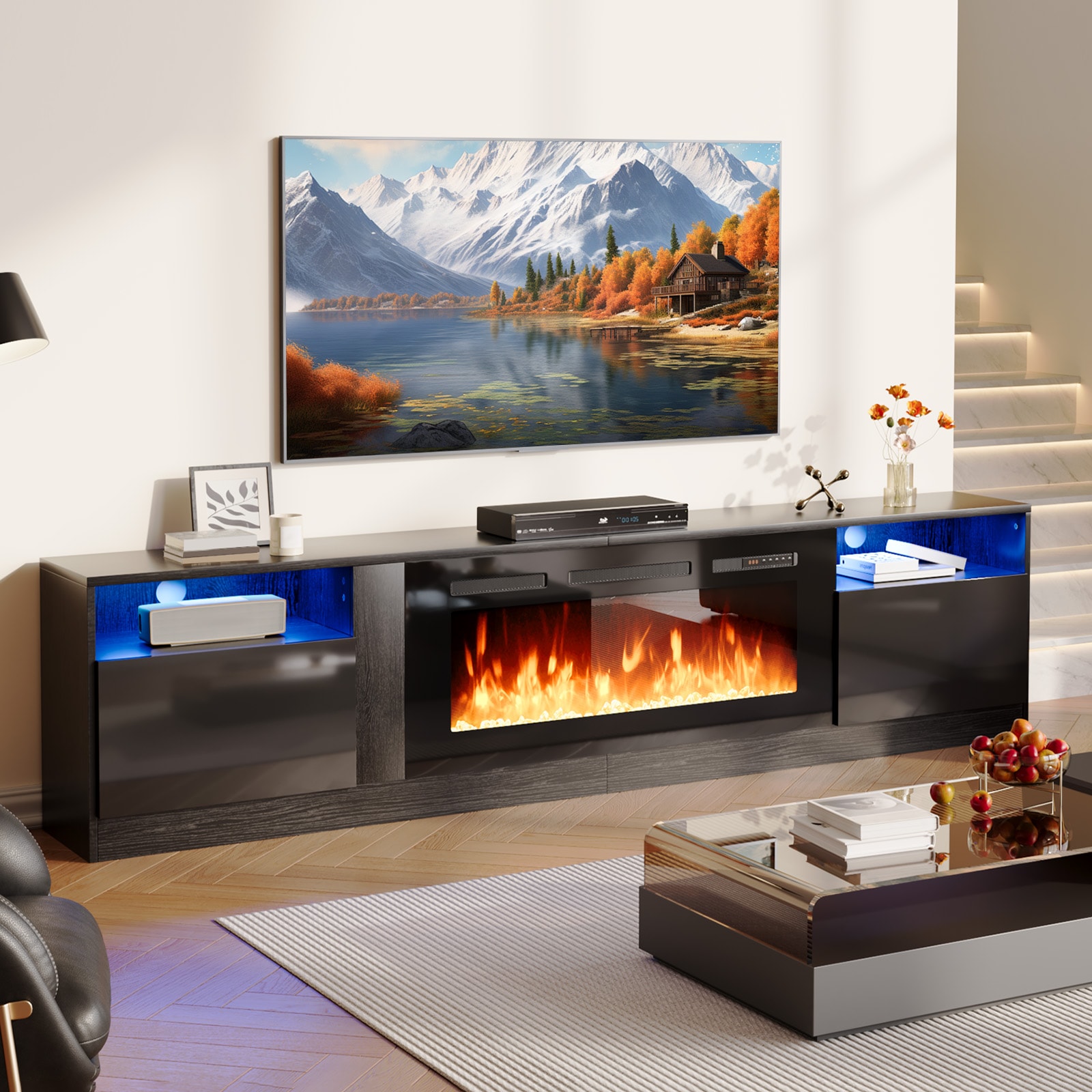 Bapipro TE21A28B 80-in W Black TV Stand with Infrared quartz Flat wall Electric Fireplace with Remote Control Included
