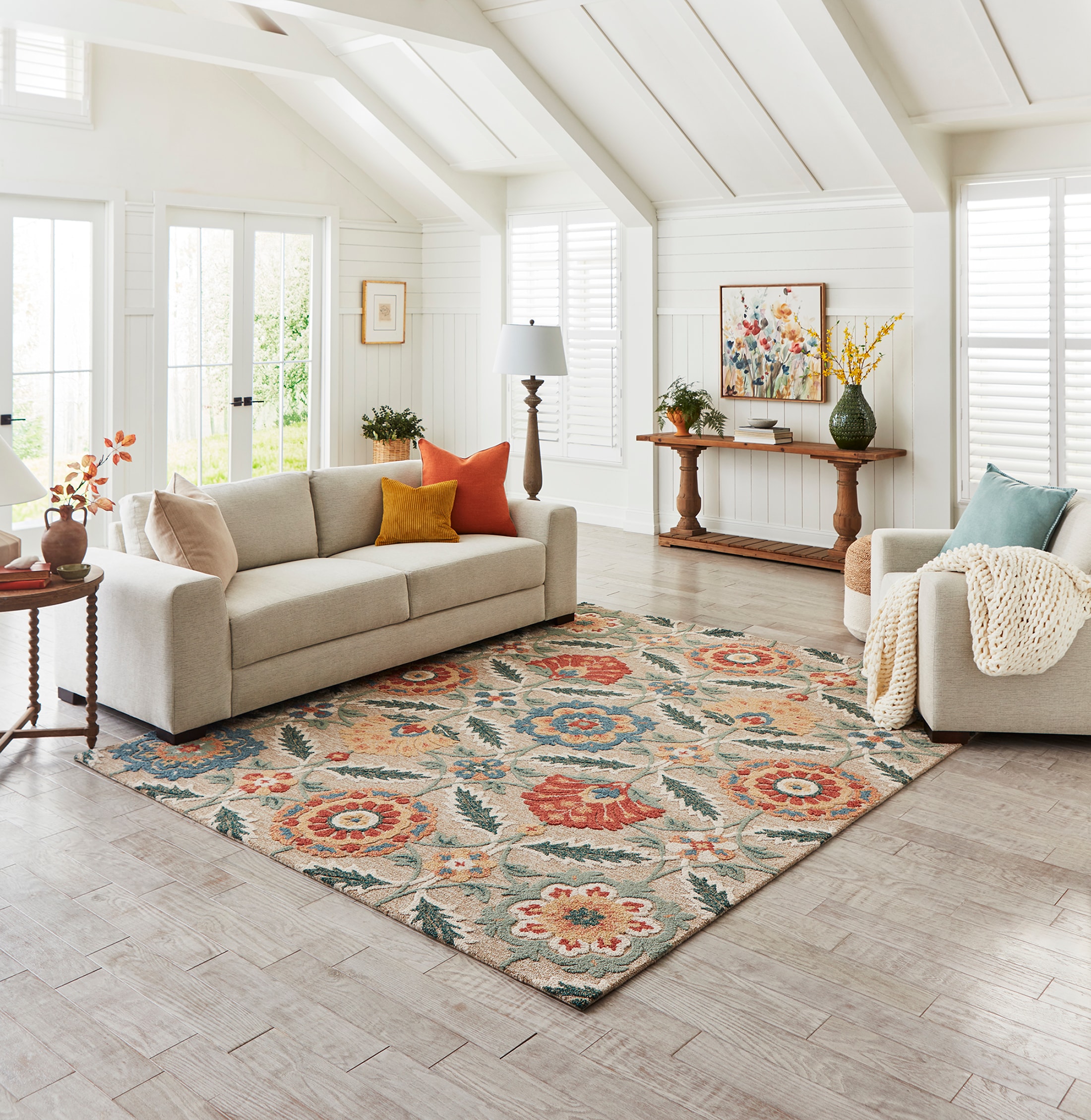 allen + roth with STAINMASTER 33085 Covert Sparks 5 x 8 (ft) Tufted Polypropylene Warm-Linen Rectangular Indoor/Outdoor Area rug