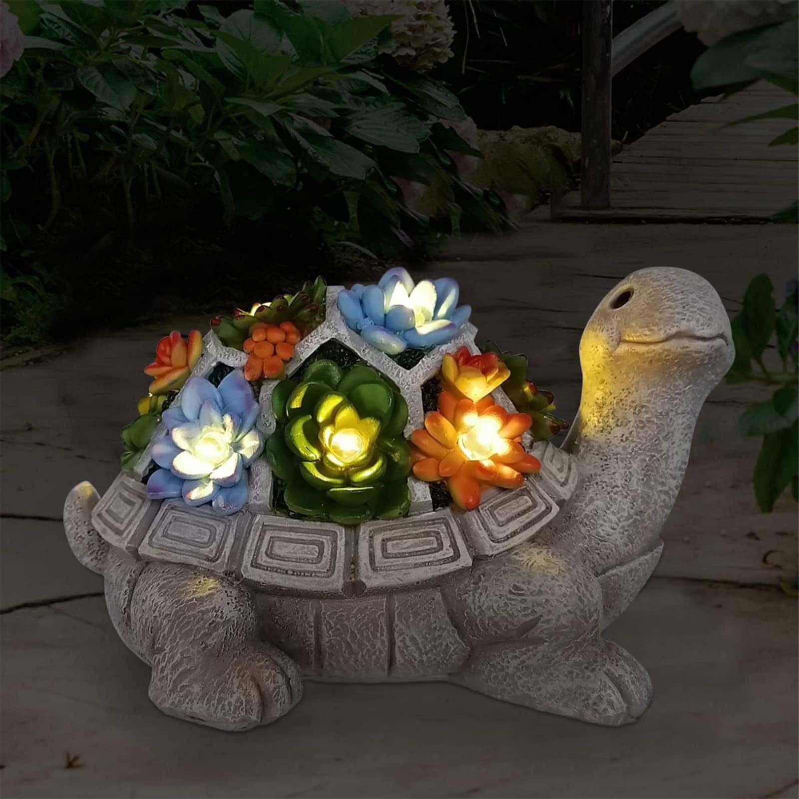 Jokupey -  Grey Resin Solar Turtle Statue with Succulent and 7 LED Lights - 8.07in Outdoor Lawn D...