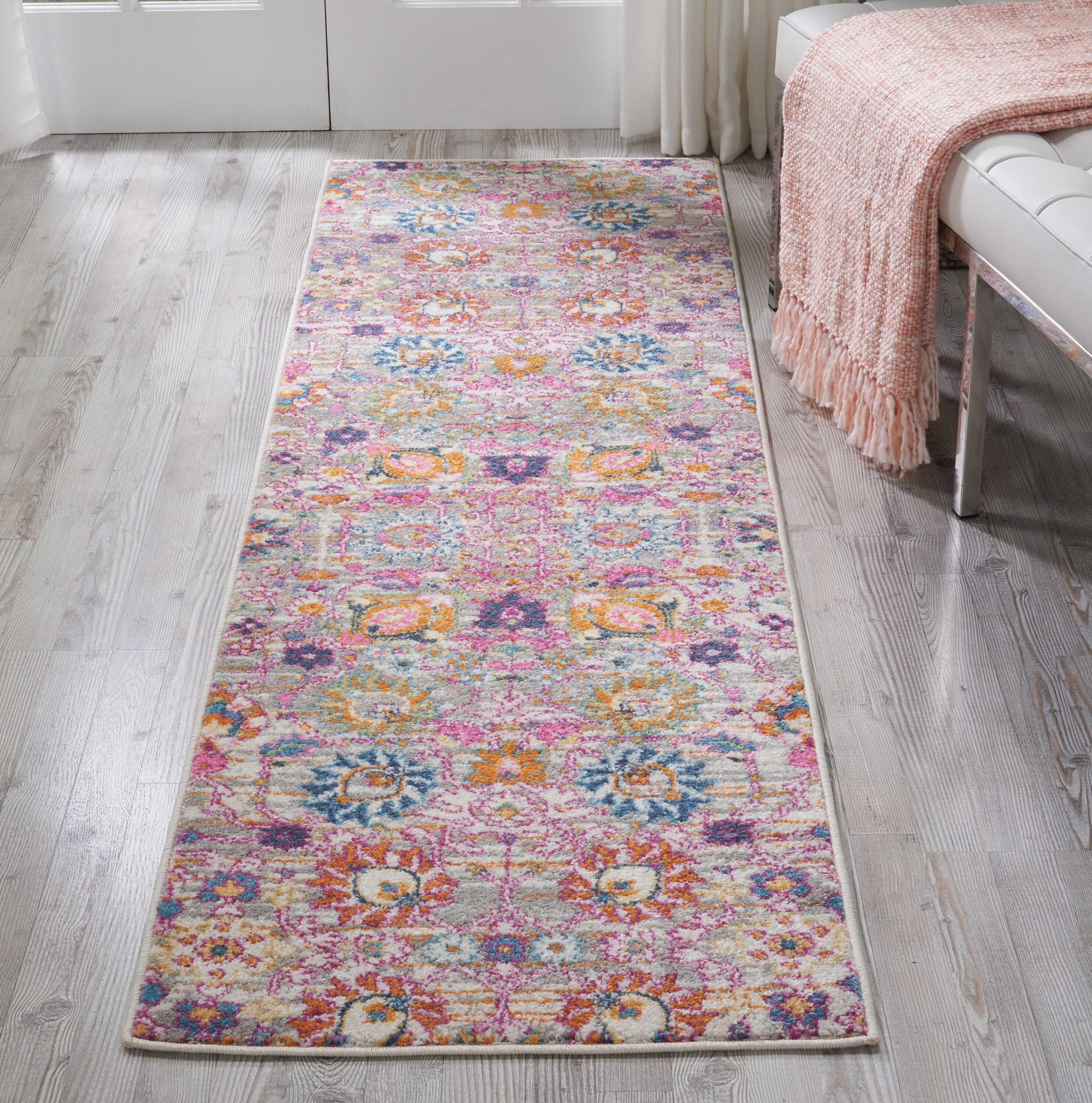 Nourison 099446013507 Passion 2 x 10 (ft) Loomed Polypropylene Silver Rectangular Indoor Floral/Botanical Bohemian/Eclectic Runner rug
