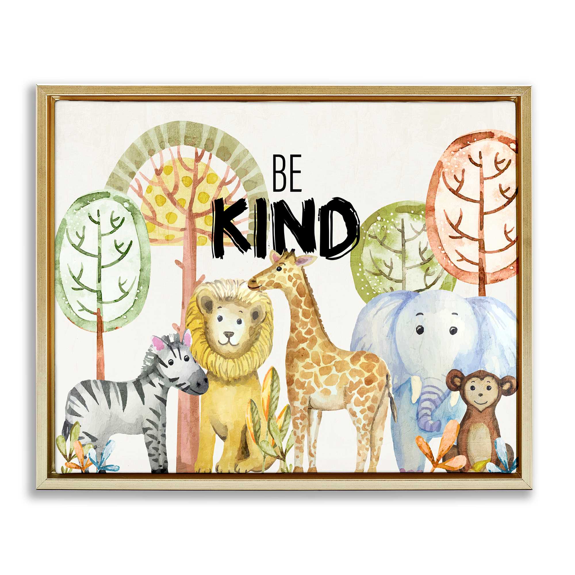 Stupell Industries BS-032-FFG-16X20 Be Kind Jungle Animals Gold Framed Floater Canvas Wall Art By Kim Allen 21 x 17