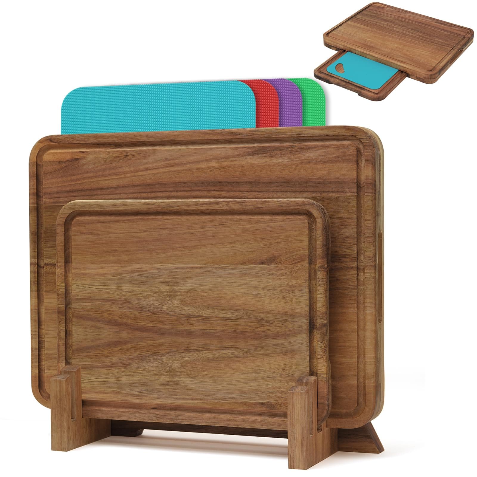 Anqtovp  Set of 7 Acacia Wood Cutting Boards with Holder Reversible Butcher Block with Juice Groove and 4 Color Coded Plastic Boards for Kitchen