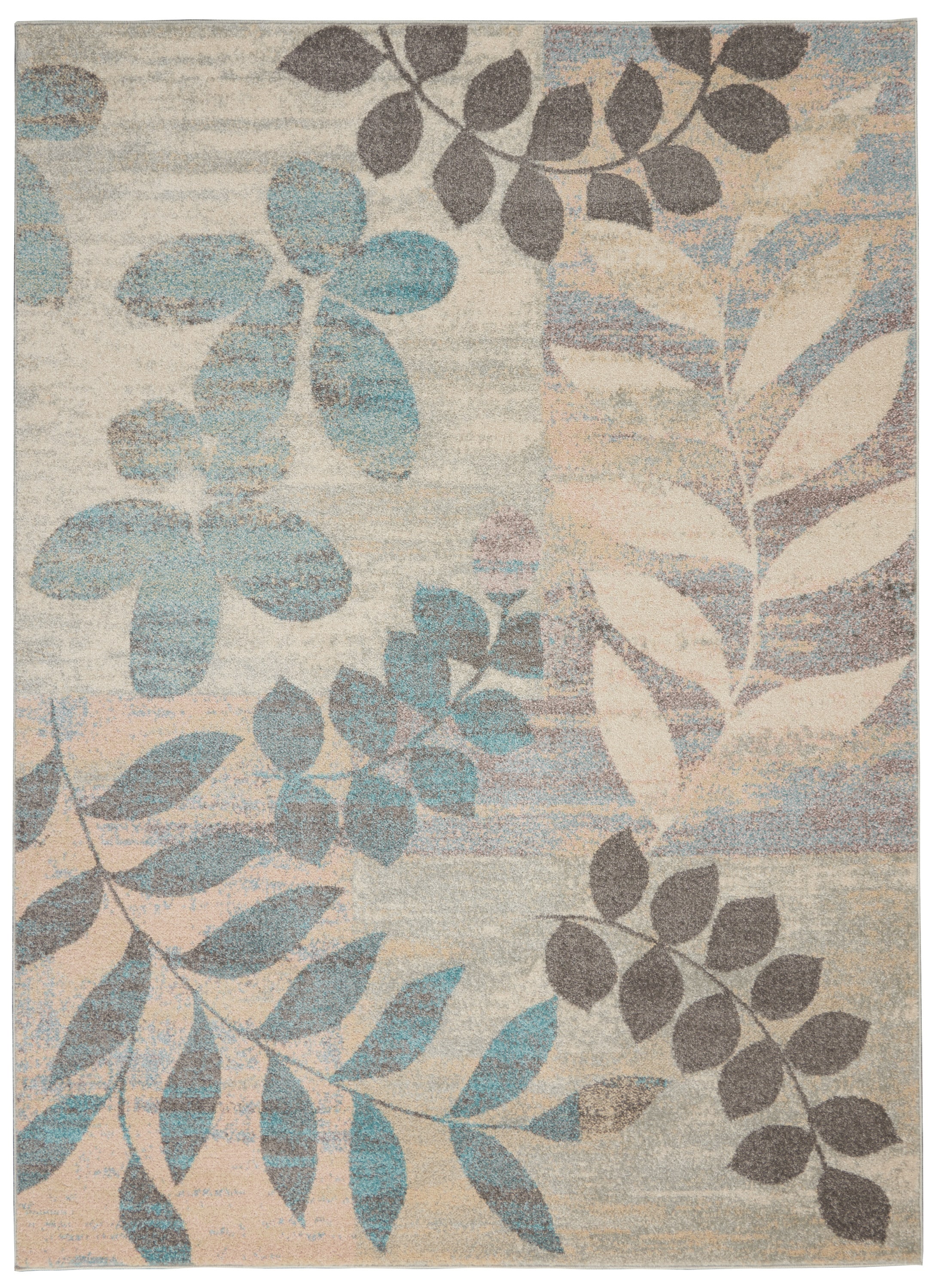 Ivory and Light Blue Floral Synthetic 4' x 6' Rug