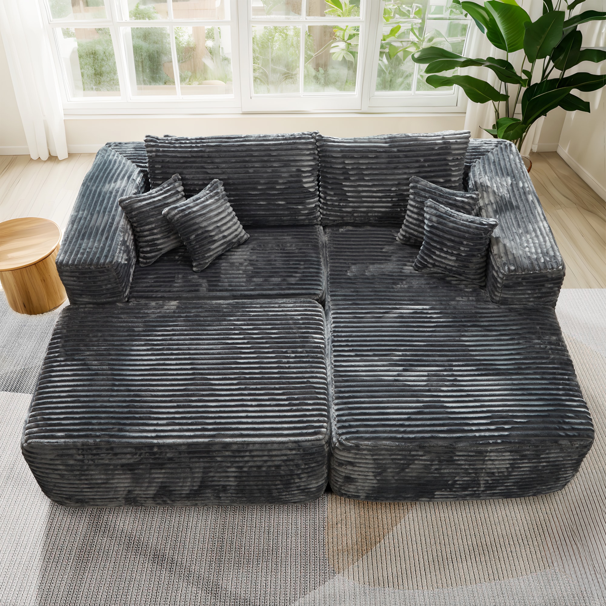 Pouuin SMOMO-910R 79.92-in Modern Gray Plush Corduroy 2 -seater Sectional