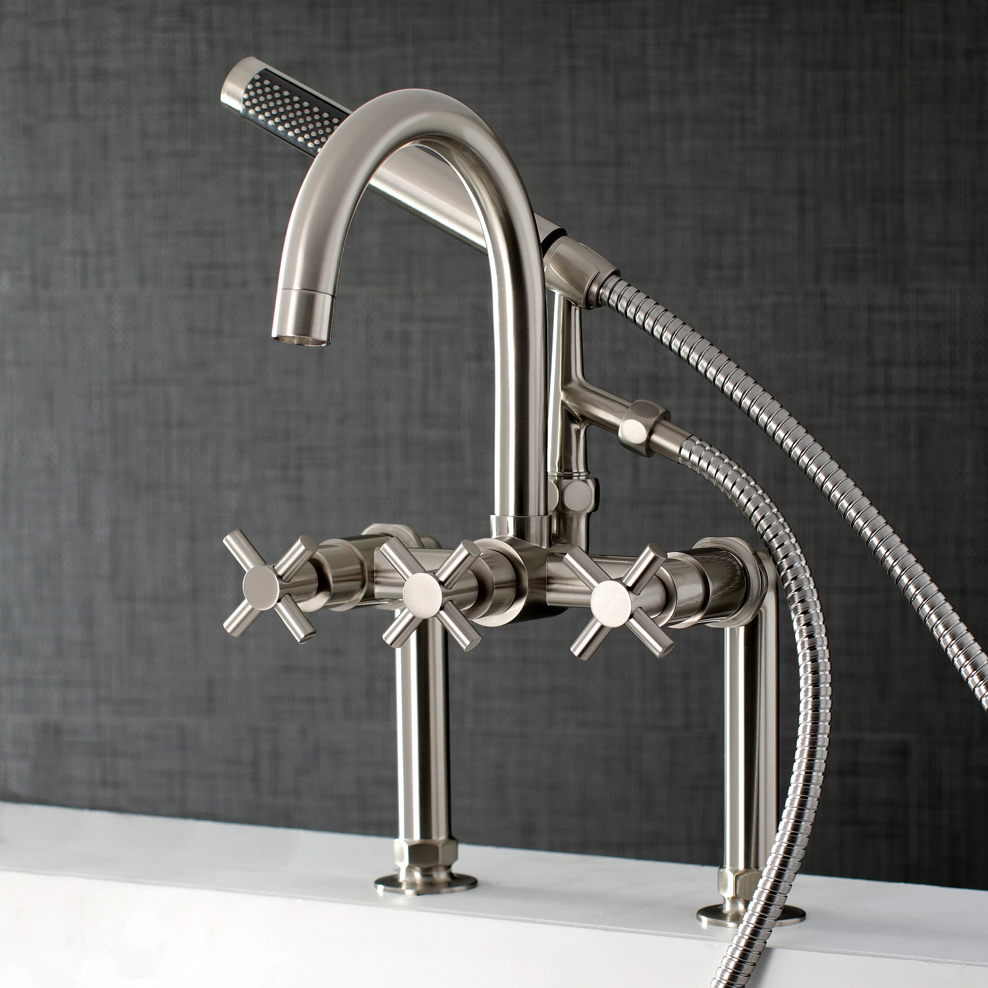 Kingston Brass WLAE8108DX Concord Brushed nickel 2-handle Deck-mount Roman High-arc Bathtub Faucet with Hand Shower ( Valve Included )