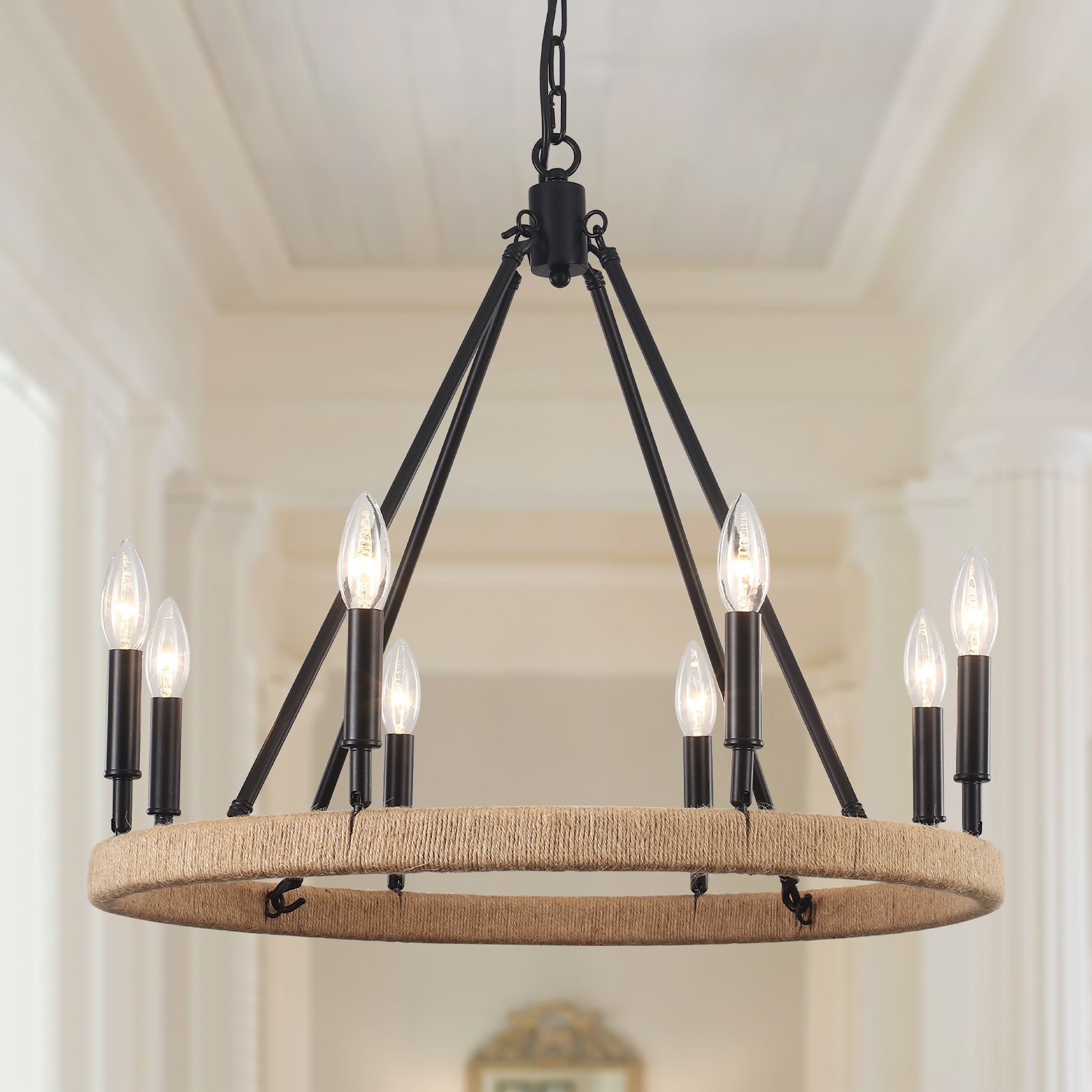 Readng Rope Pdf Zjvaive 23.62inch 8 Light Matte Black Rustic Farmhouse Hemp Rope Wagon ...