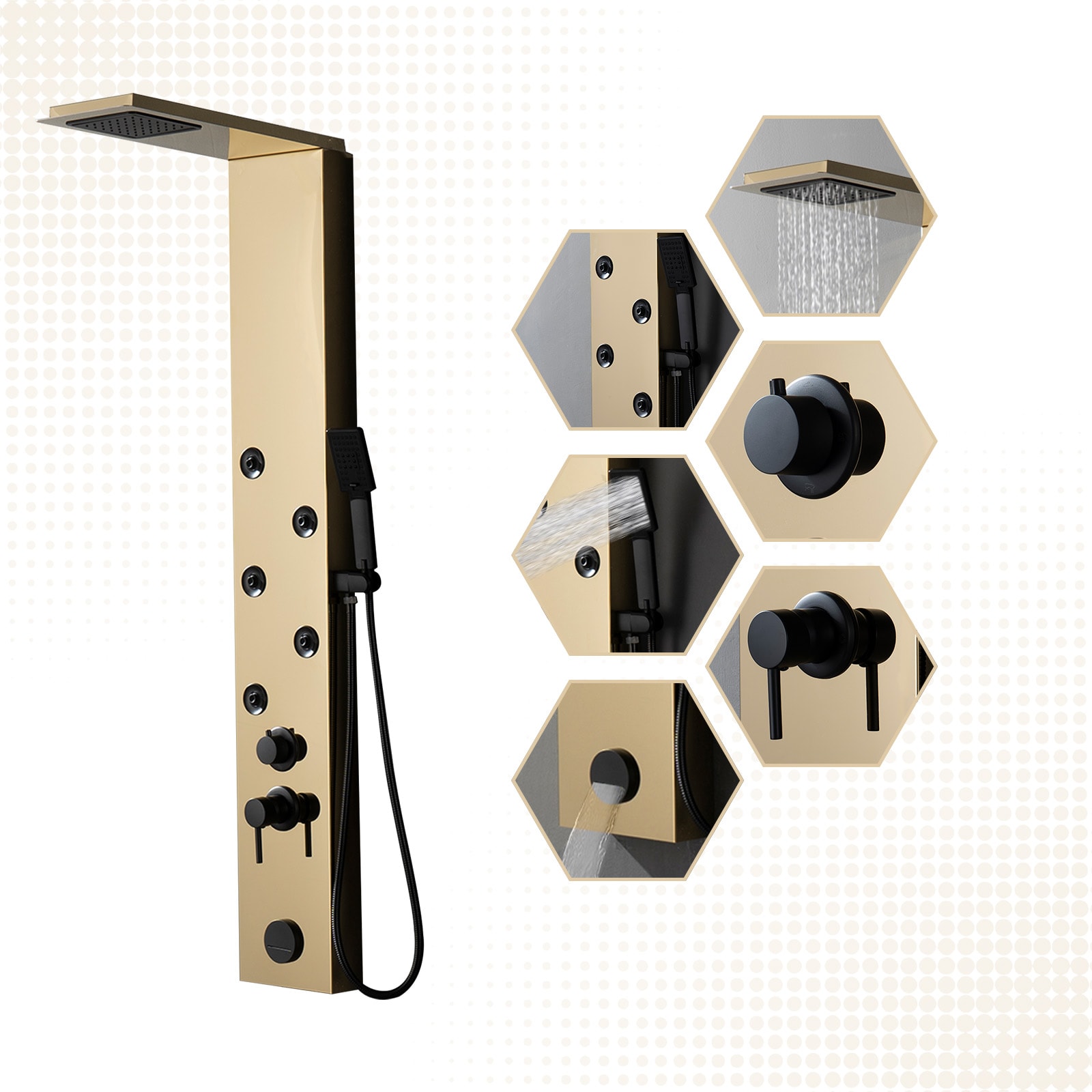 Gold Brushed 4-Jet Rainfall Shower Panel System with Handheld Wand