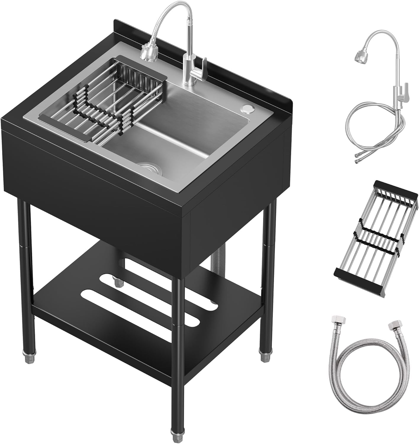GAOMON 26x20x40 In Freestanding Stainless Steel Utility Sink Single Bowl with Pull-Out Hot and Cold Faucet Shelf and Drain Basket