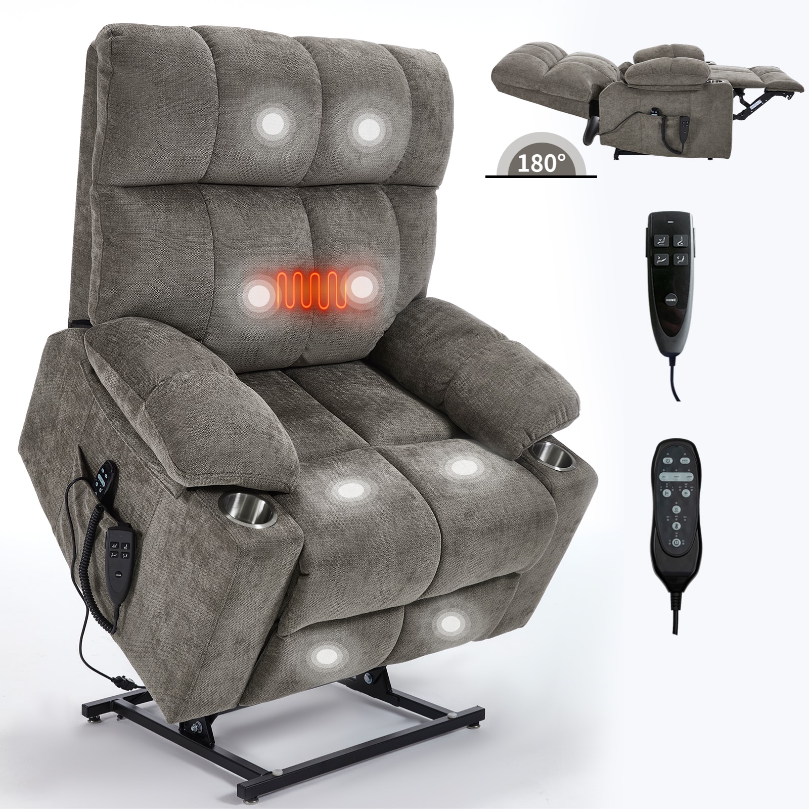 Mondawe MO-CO80567 Brown Chenille Upholstered Tufted Powered Reclining Massage chair with Lift Assistance