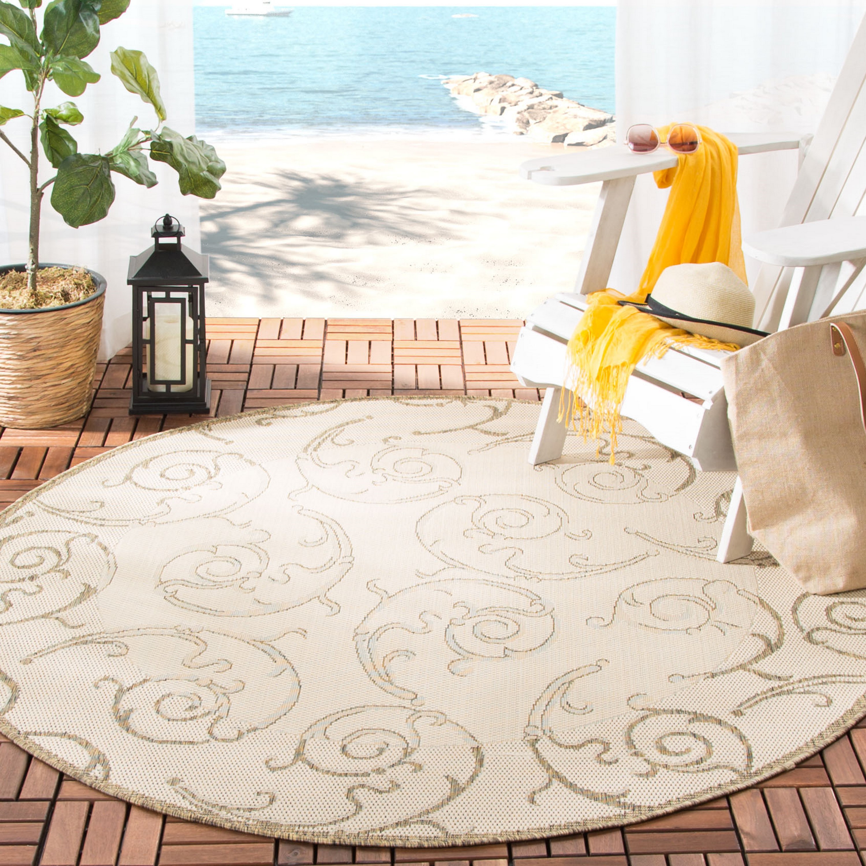Safavieh CY2665-3001-7R Courtyard Scrolls 7 x 7 (ft) Loomed Polypropylene Natural/Brown Round Indoor/Outdoor Abstract Coastal Area rug