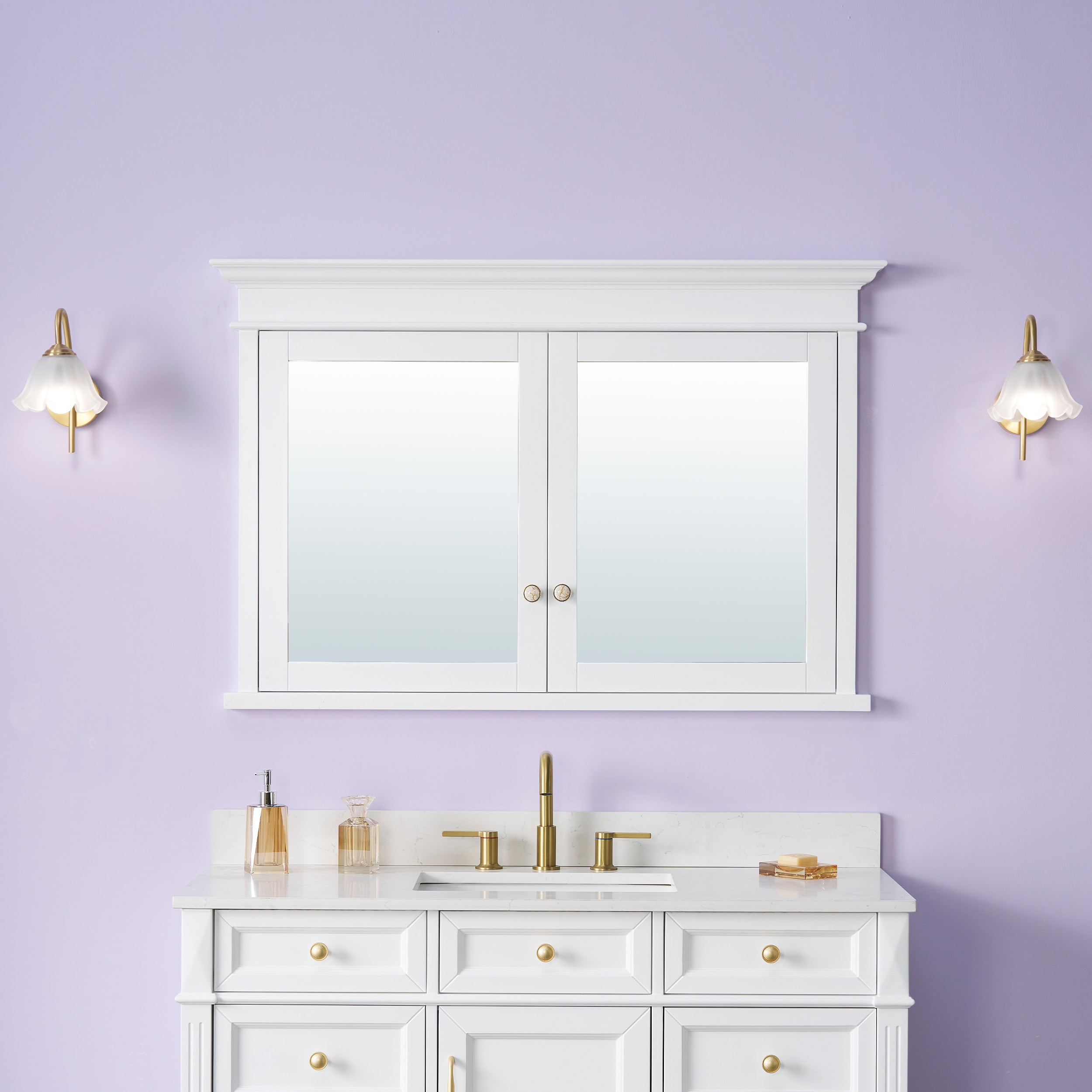 WELLFOR GRACE Solid Wood 48-in x 32-in Recessed Mount White Mirrored Soft Close Medicine Cabinet
