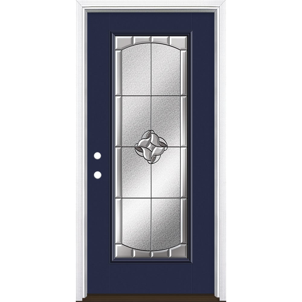 Masonite 3423288 Rozet 36-in x 80-in x 4-9/16-in Fiberglass Full lite Right-hand inswing Eclipse Painted Prehung Single door Front Door with Brickmould Insulating core Decorative glass