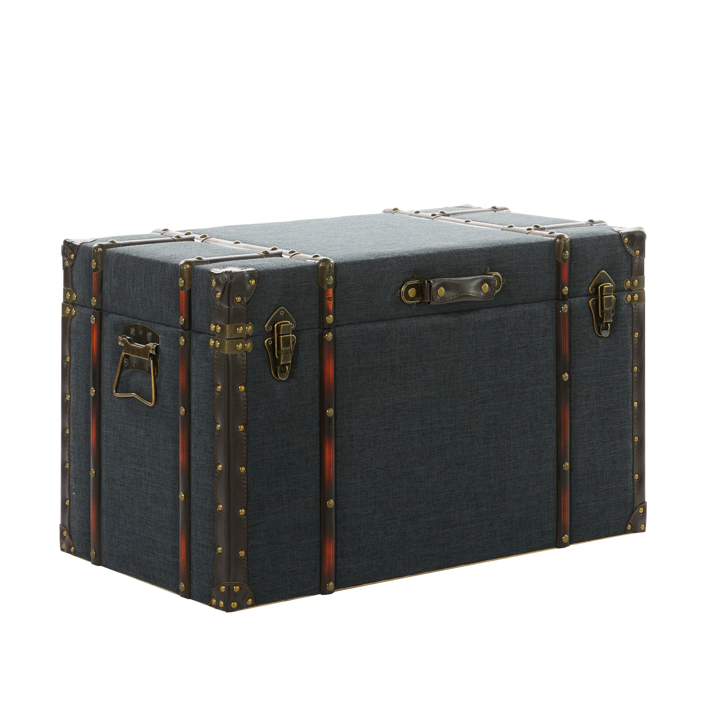 Blue Linen and Brass Accented Nesting Storage Trunks, Set of 3