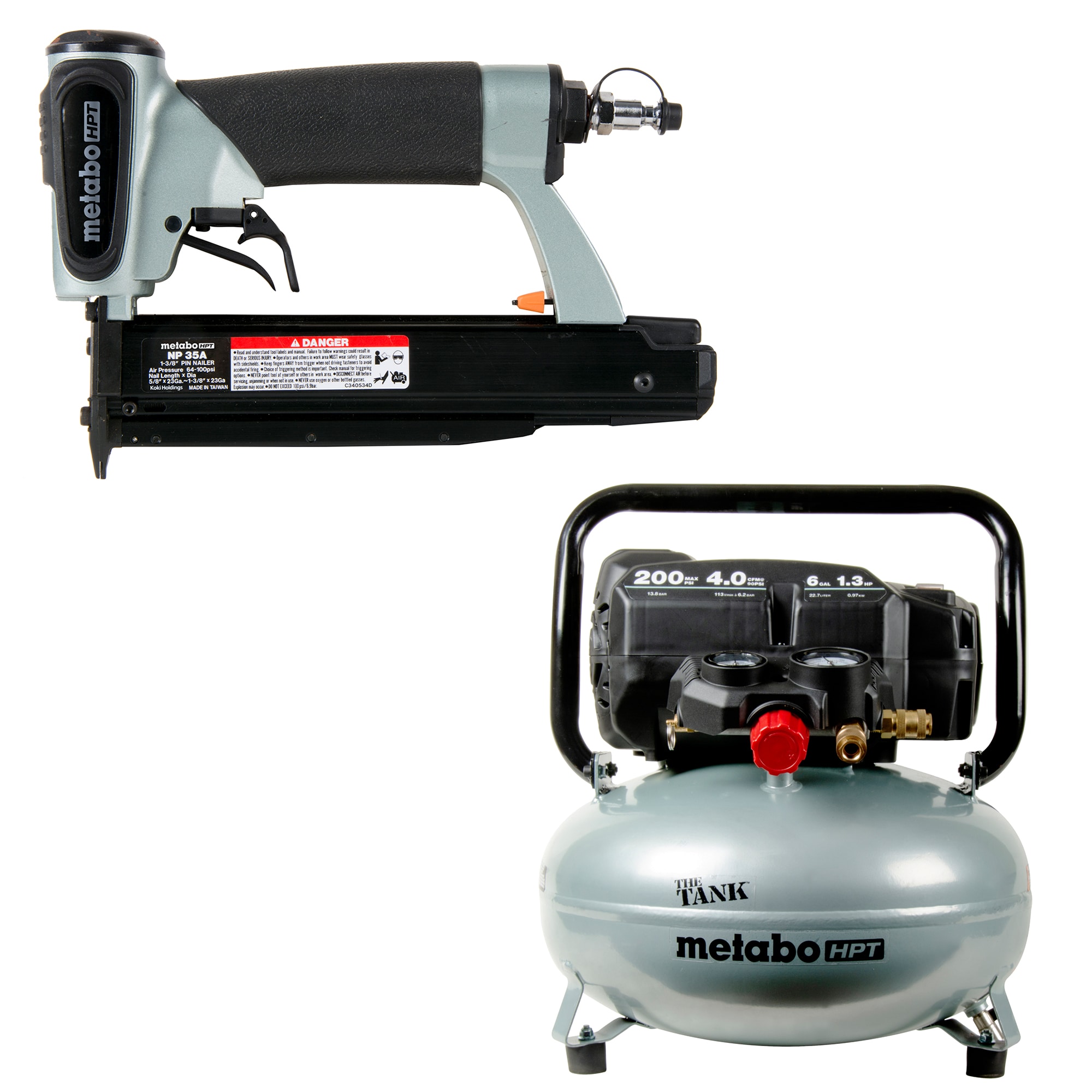 Metabo HPT 23-Gauge Pneumatic Pin Nailer with The Tank 6-Gallon Single Stage Portable Corded Electric Pancake Air Compressor