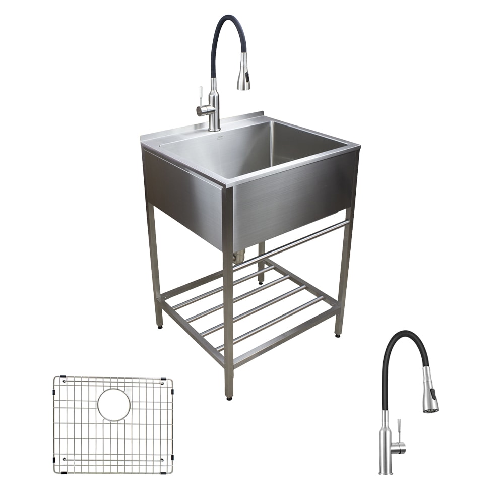 UTILITYSINKS Plastic 30 Inches Freestanding Utility Tub Sink with Heavy  Duty Stainless Steel Pull Faucet for Garage, Laundry Room, and Garden, White
