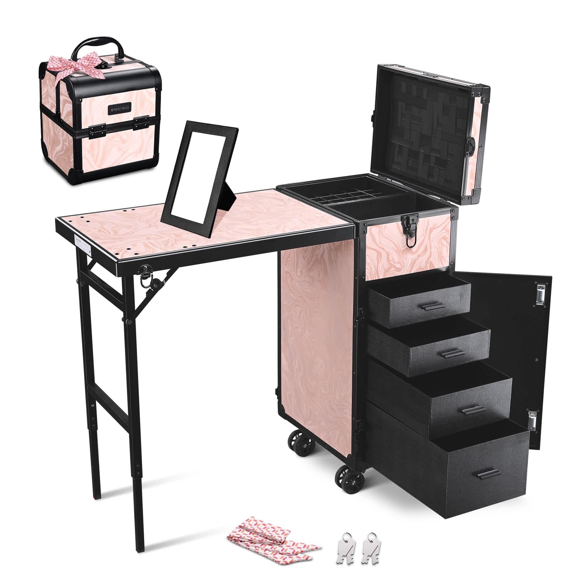 Yescom 12MKCSET-2728-C12-LO Byootique Rolling Nail Table with Makeup Case Cosmetic Organizer Aluminum Pink