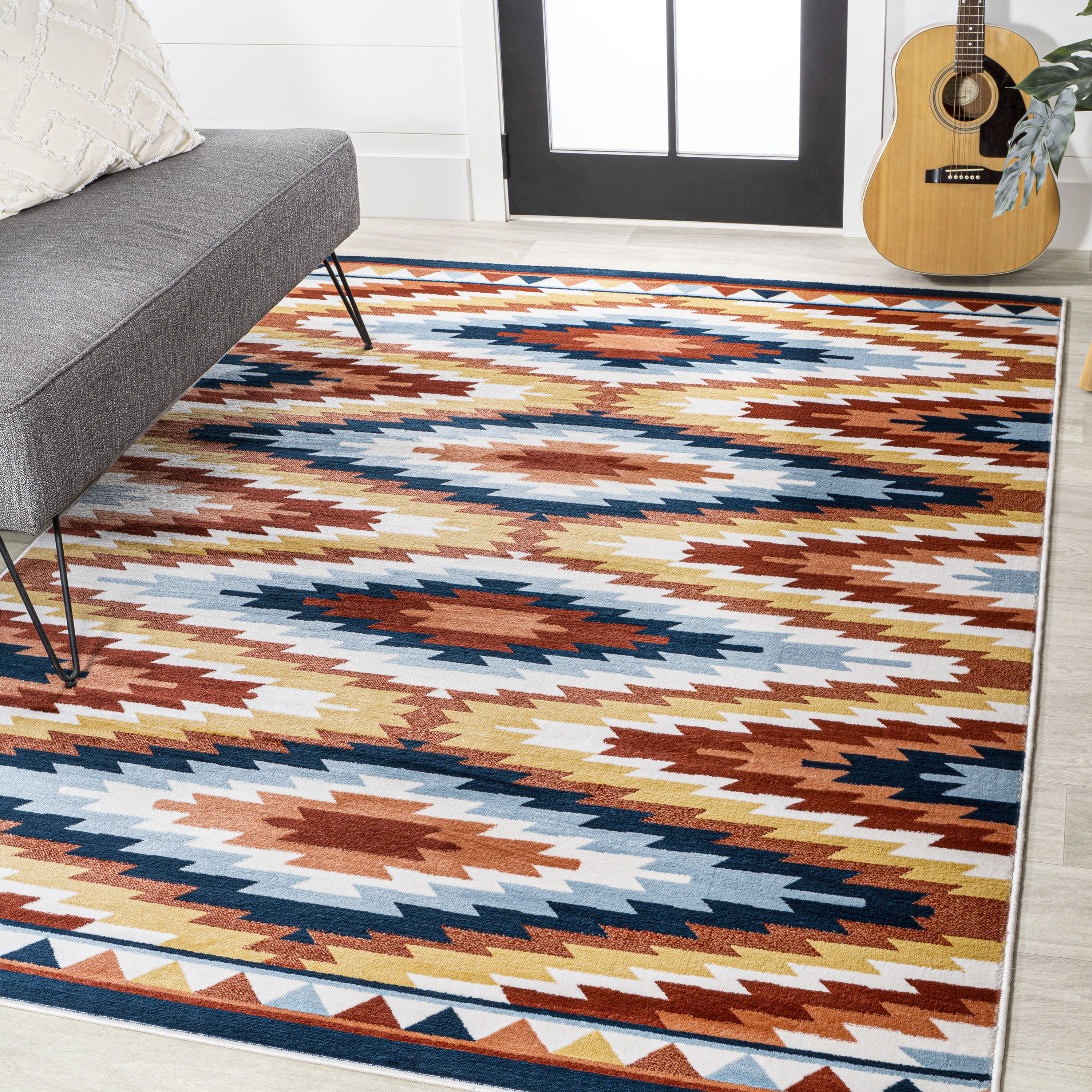 JONATHAN  Y SWC101A-5 South Western Konya Diamond Kilim 5 x 8 (ft) Loomed Polypropylene Yellow/Red/Blue Rectangular Indoor Geometric Coastal Area rug