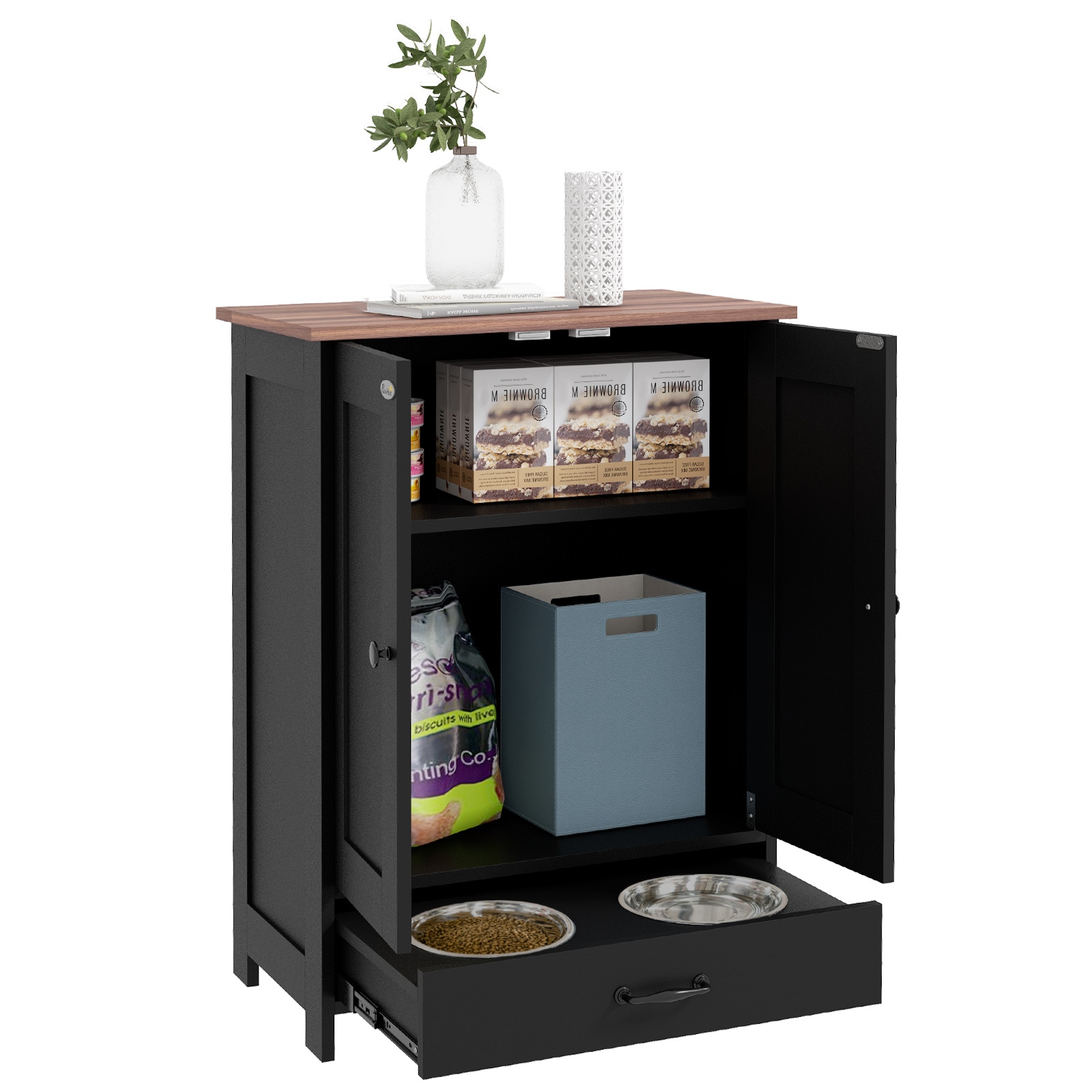 YOSIMFUR - Black Pet Feeding Station Adjustable Panel Raised Dog Bowls Stand with Multi Functiona...