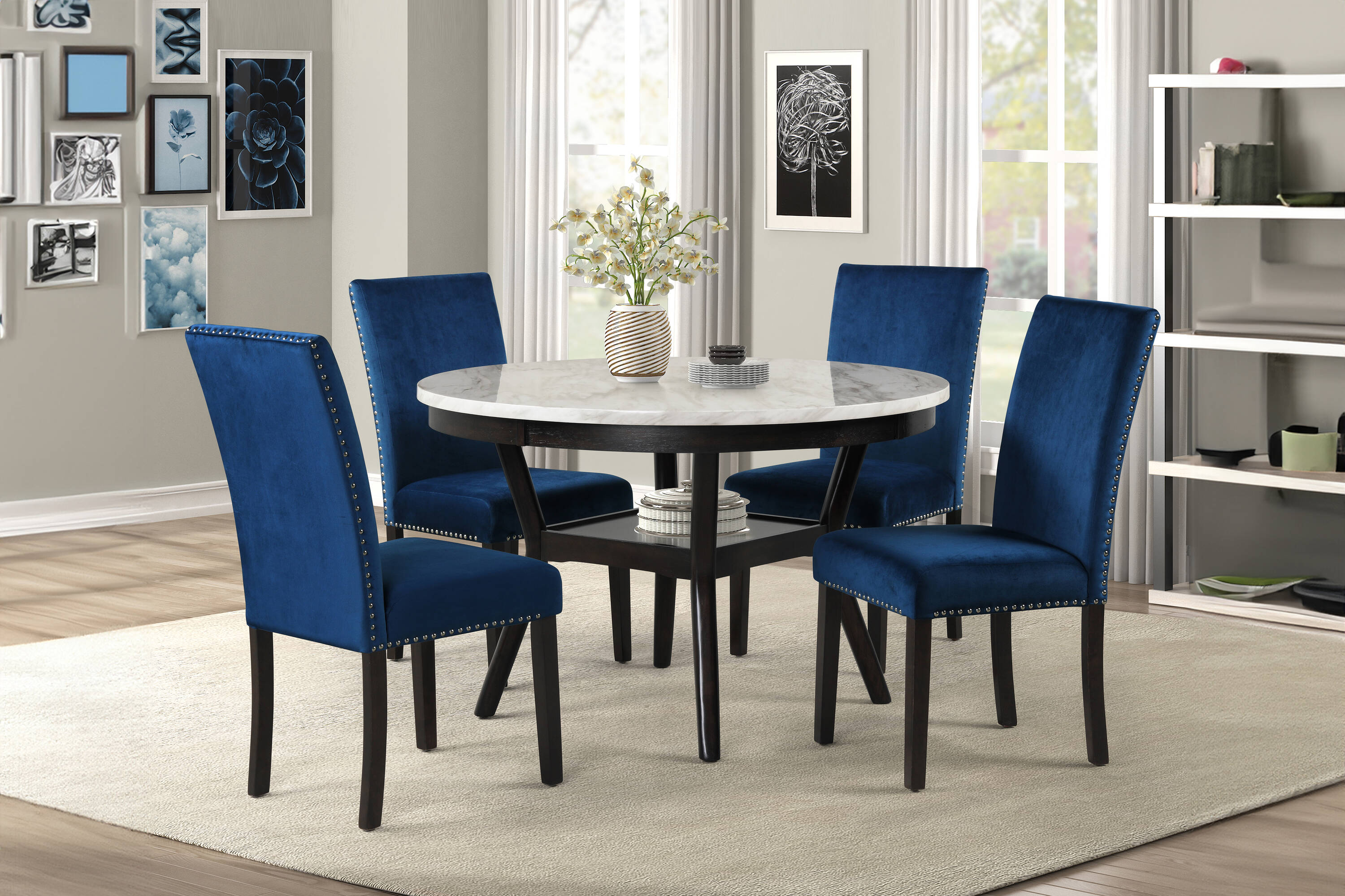 Celeste 5-Piece Blue Velvet and Faux Marble Dining Set