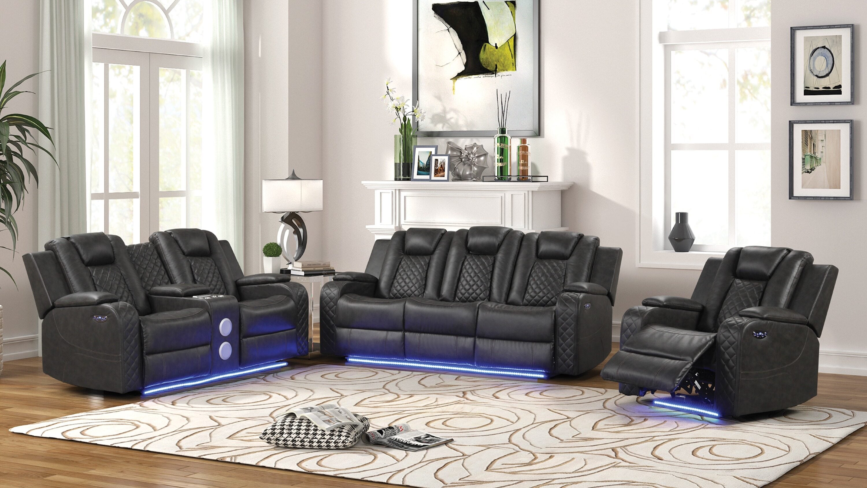 Galaxy Modern 3Piece Faux Leather Gray Living Room Set in the Living