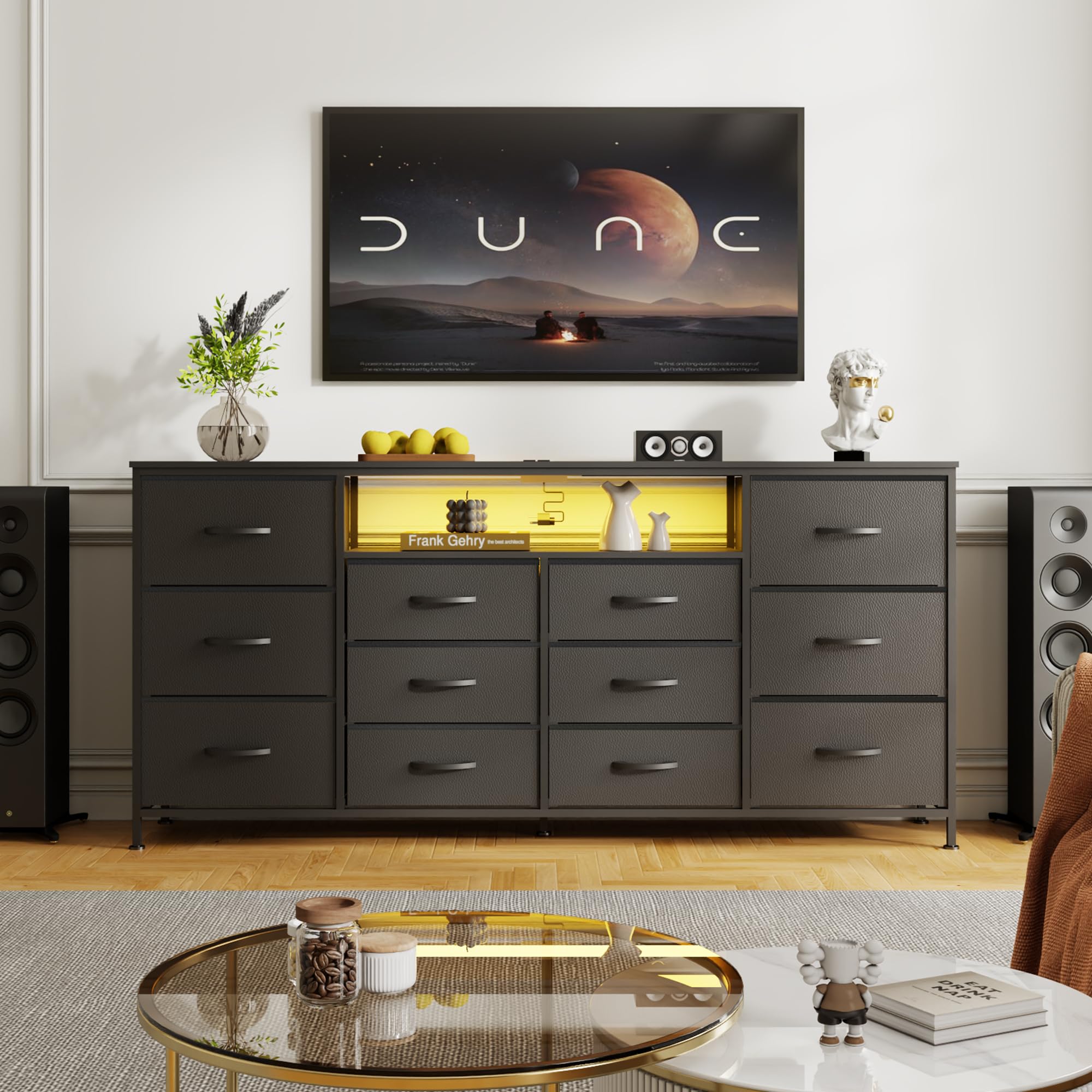 GarveeLife 63-in Dresser TV Stand for 65-75 Inch TVs Fabric Chest with  Charging Station LED Lights and 12 Drawers in the TV Stands department at  Lowes.com