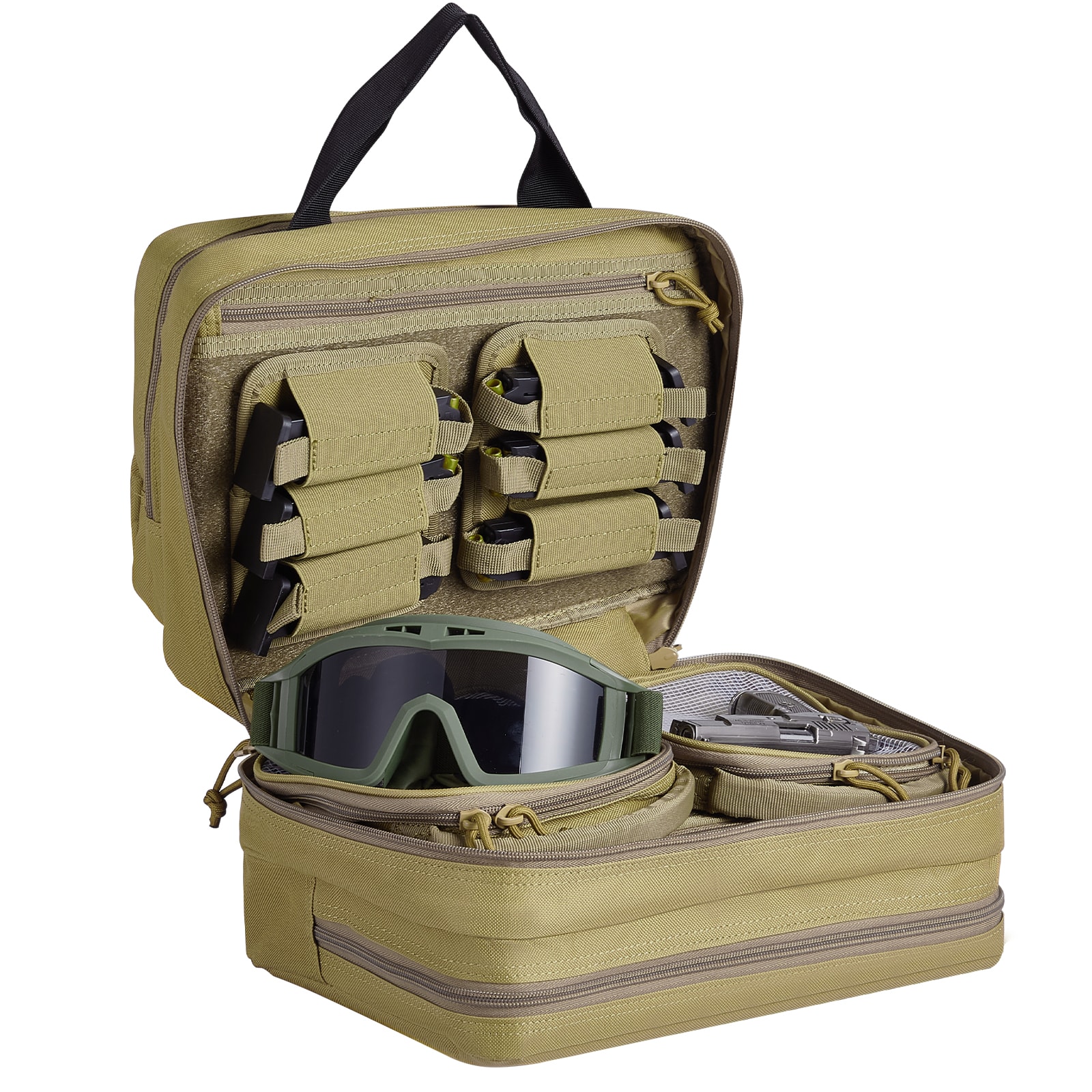 VEVOR SCSQBLS4723304881V0 Range Bag for 2 Pistols  Tactical Gun Bag with 2 Built-in Removable Pistol Bags and 6 Detachable Magazines  Gun Range Bag for Outdoor Hunting Shooting  Lockable Carrying Handgun Bag Case  Brown