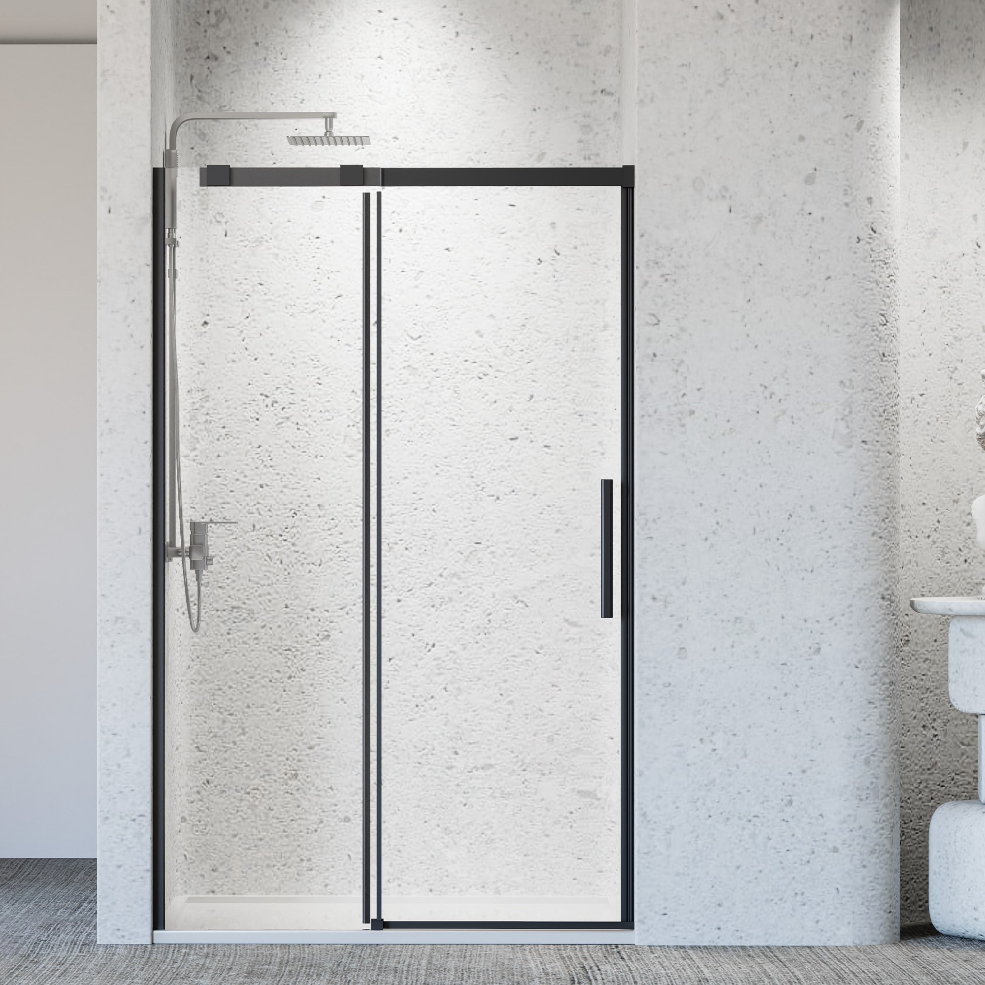 LOVMOR  46-48 in W x 76 in H Frameless Single Sliding Shower Door Bathroom Sliding Shower Door 5/16 in (8mm) Thick Matte Black