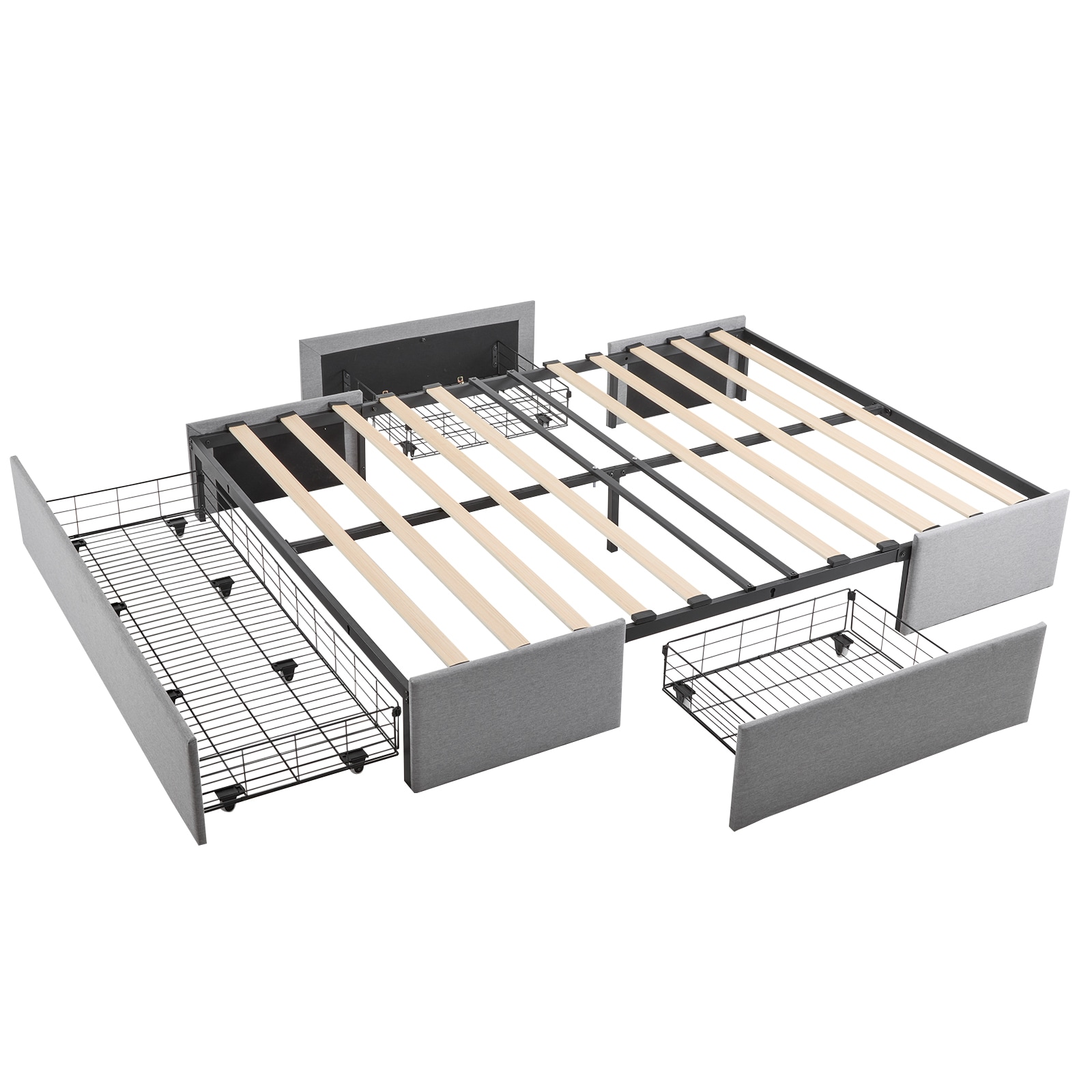 Outopee LO1G52005672 Light Grey Full Wood and metal Platform Bed with Storage