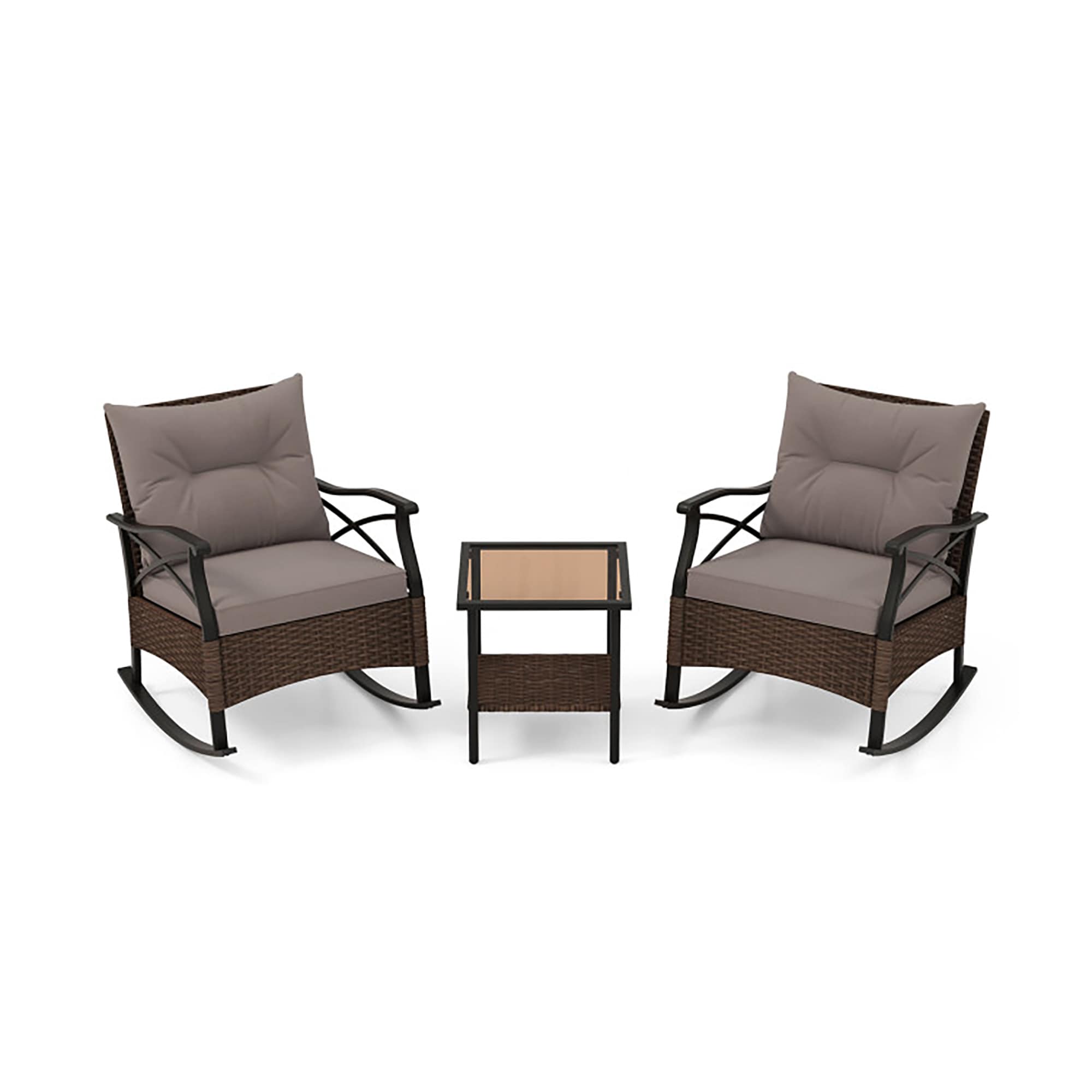 CASAINC CN-WFQ07-GY Rattan Rocking Chairs Set 3 -Piece Rattan Patio Conversation Set with Gray Cushions