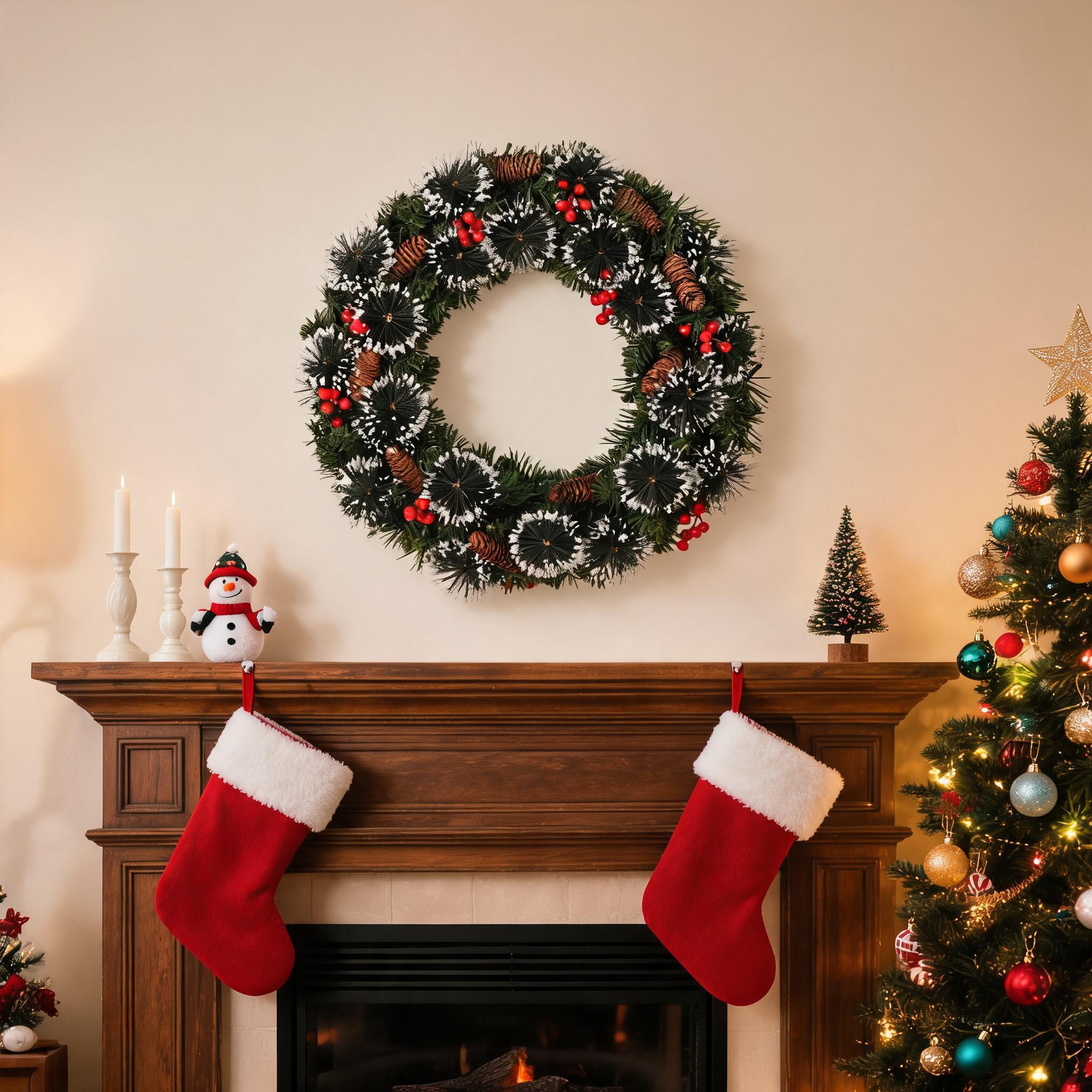 IdealHouse 23.62 in Christmas Pine Wreath PVC Holiday Front Door Decor with Berries Christmas pine wreath
