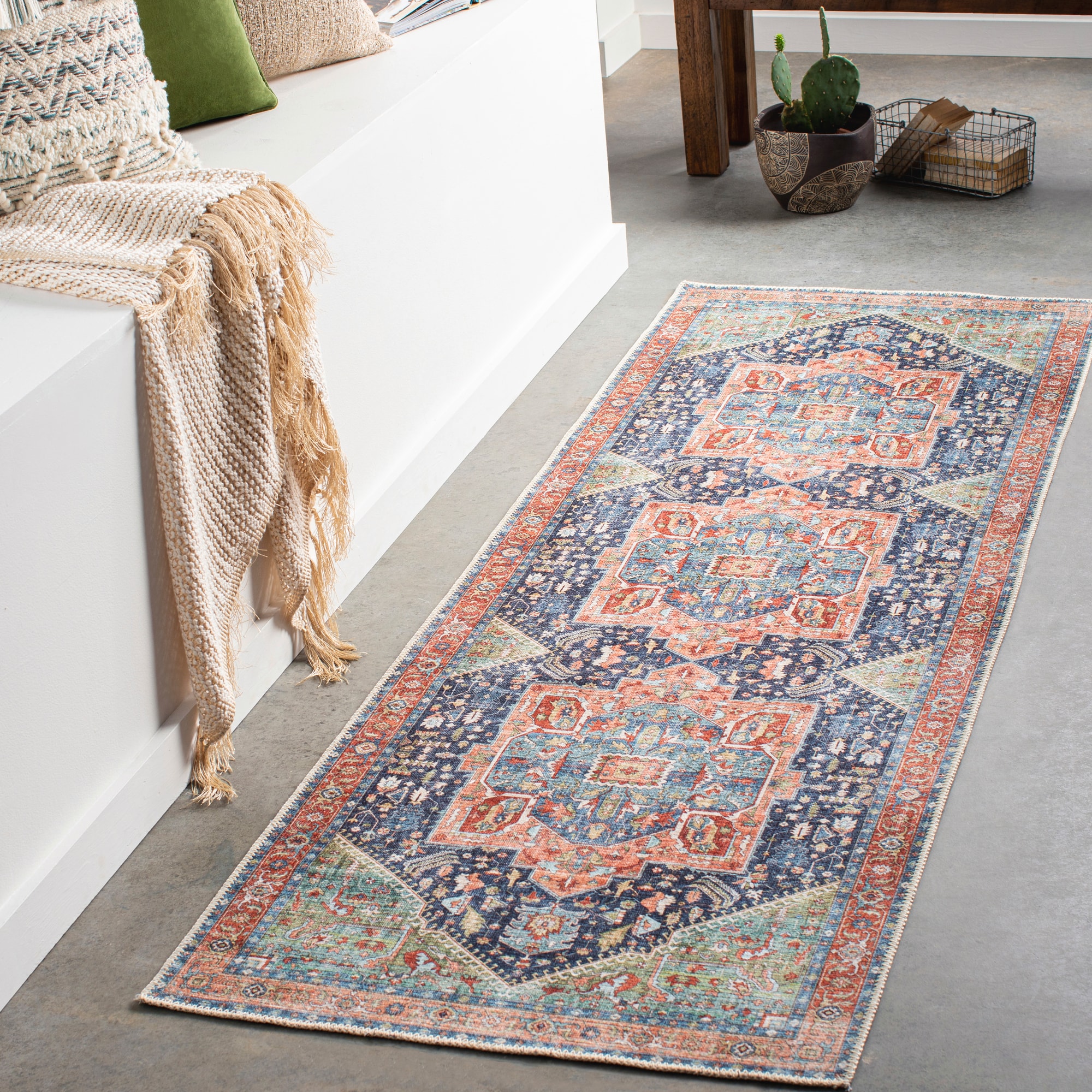 Livabliss AML2311-2716 Kemer 3 x 16 (ft) Polypropylene Peach/Navy Rectangular Indoor Medallion Machine washable Runner rug