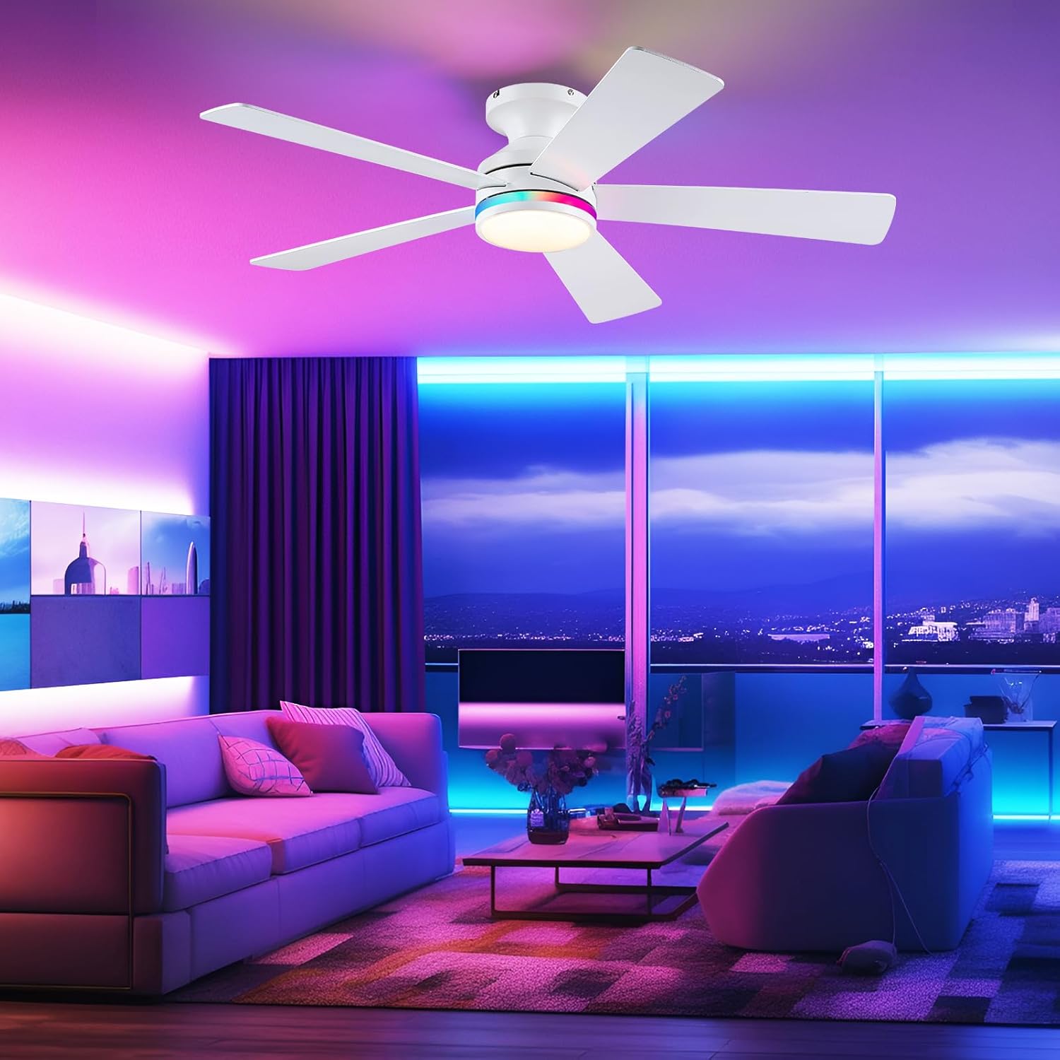Gleam Flare 46 Inch Flush Mount Ceiling Fan with Light and Remote 5 Plywood Blades for Living Room Bedroom Patio