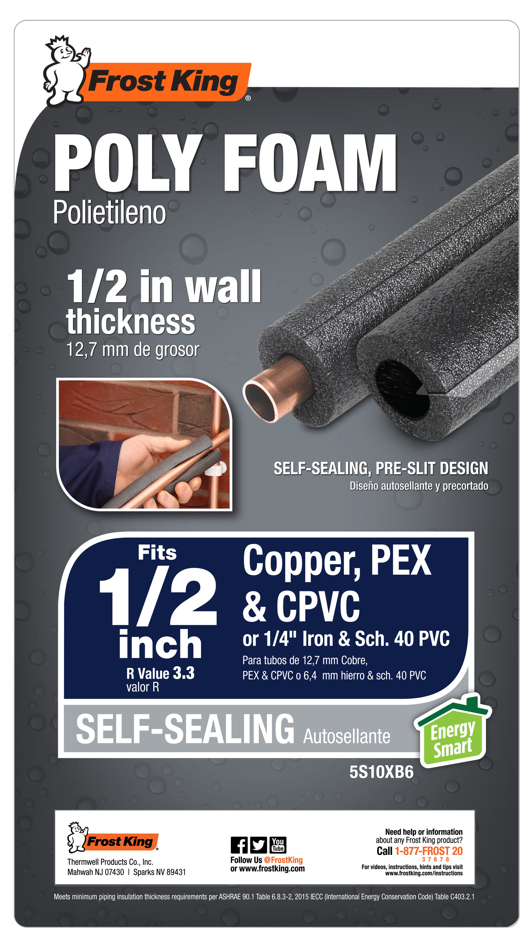 Frost King Pre-Slit Fiberglass Pipe Insulation Self Sealing 1/2 x 1.25  F13XAD - Case of 12