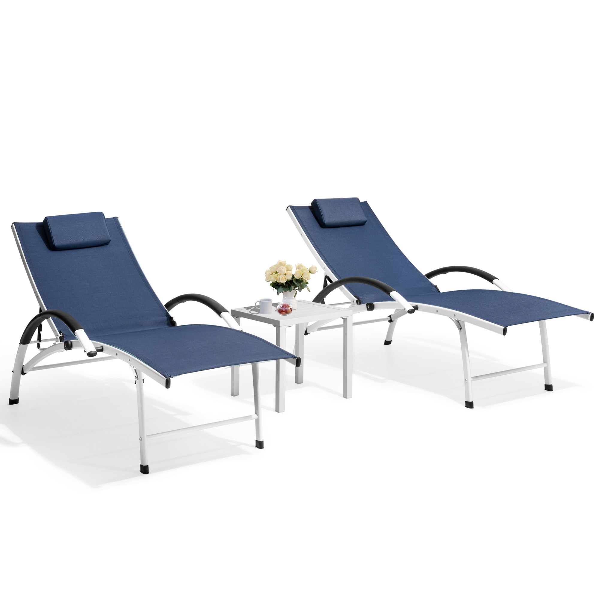 Crestlive Products CL-LG003NAV-3 Folding Chaise Lounge with Table Set of 2 White Metal Frame Stationary Chaise Lounge Chair with Blue Texteline Sling Seat