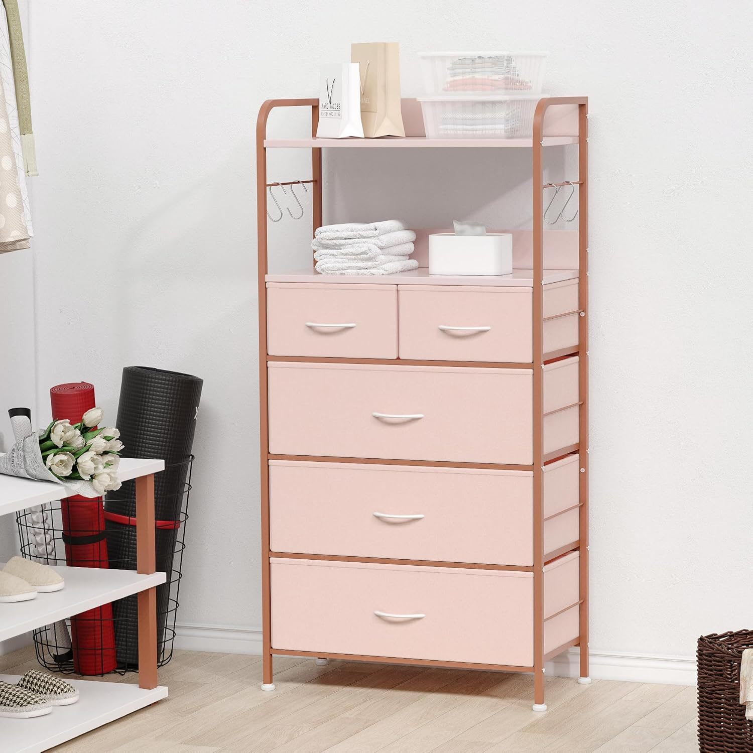 WhizMax LDYLSPHO-0WOK1FQZ 5 Drawer Fabric Dresser   Compact Storage Unit with Sturdy Metal Frame Easy Assembly Versatile Organizer for Clothes and Essentials in Pink