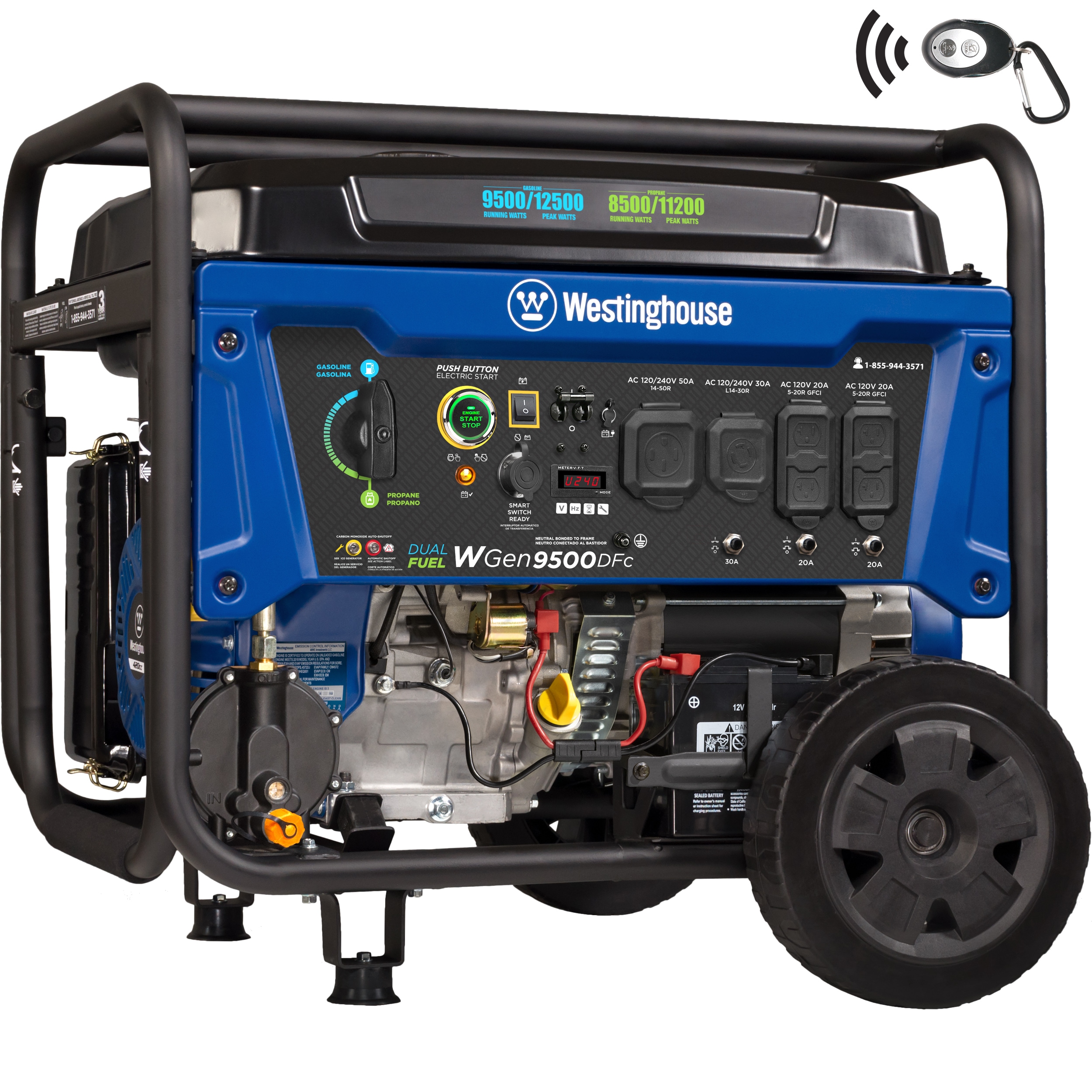 Westinghouse WGen9500DFc Remote Electric Start 12500 / 9500-Watt Dual Fuel (Gasoline/Propane) Portable Generator