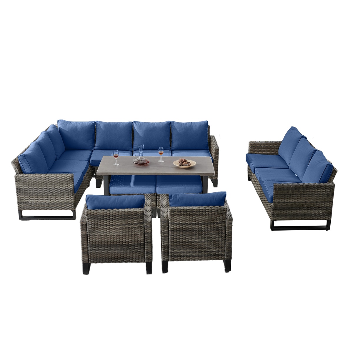Rilyson FS1491511536263159-1 7-Piece Wicker Patio Conversation Set with Blue Cushions