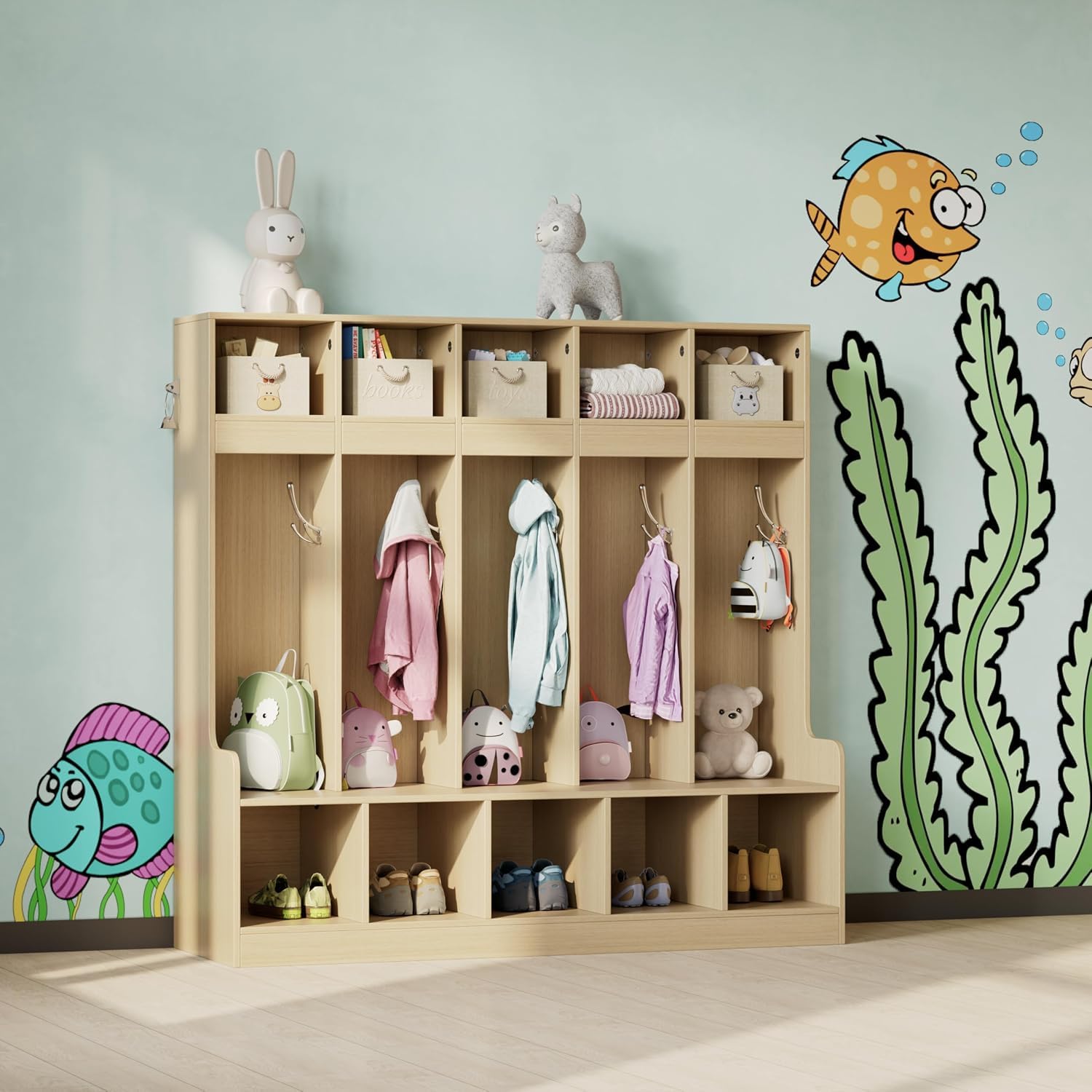Garvee Light Natural Oak 5-Cubby Locker Storage Cabinet for Playroom Daycare Mudroom
