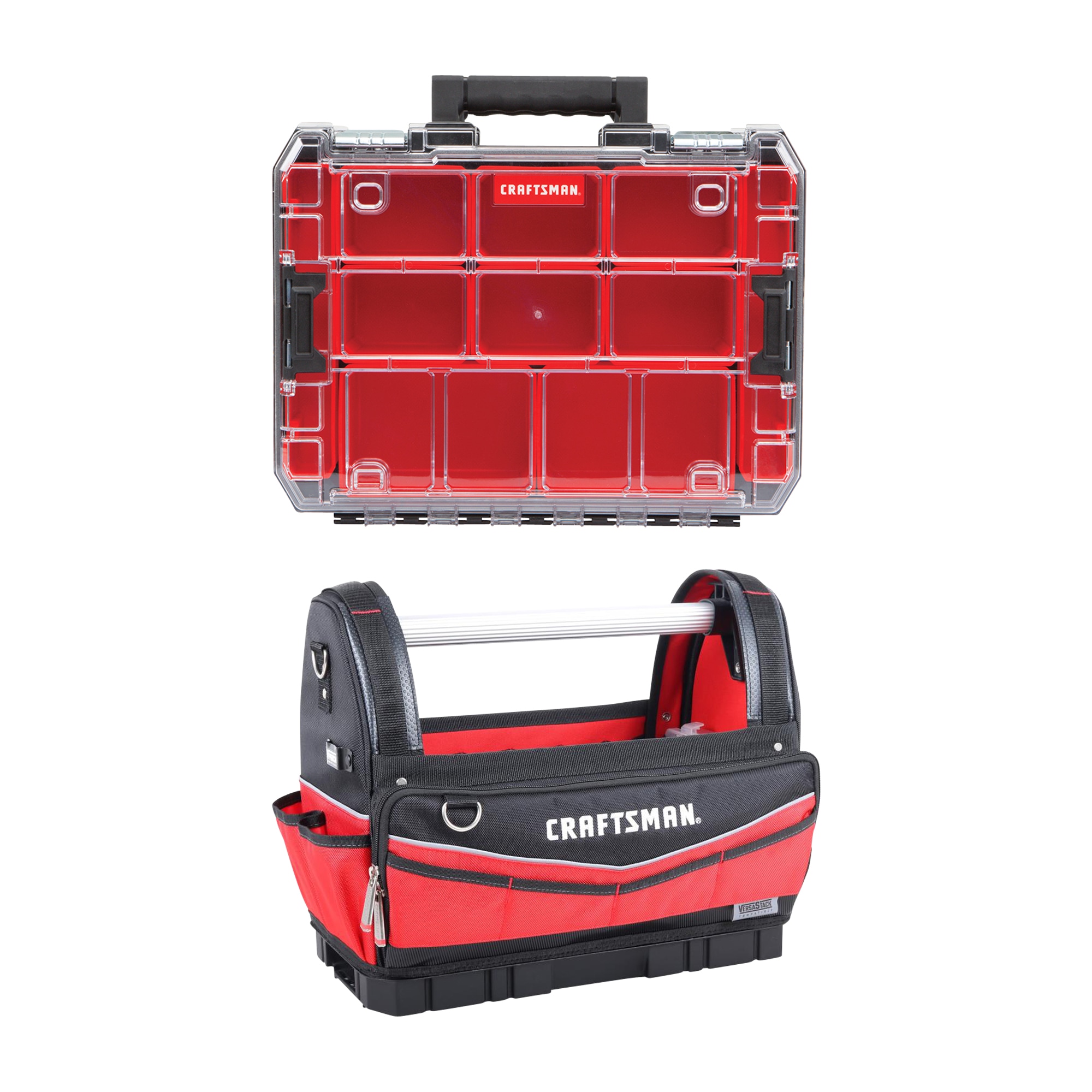 CRAFTSMAN VERSASTACK System 10-Compartment Plastic Small Parts Organizer & Versastack Red and Black Polyester 17-in Tool Tote