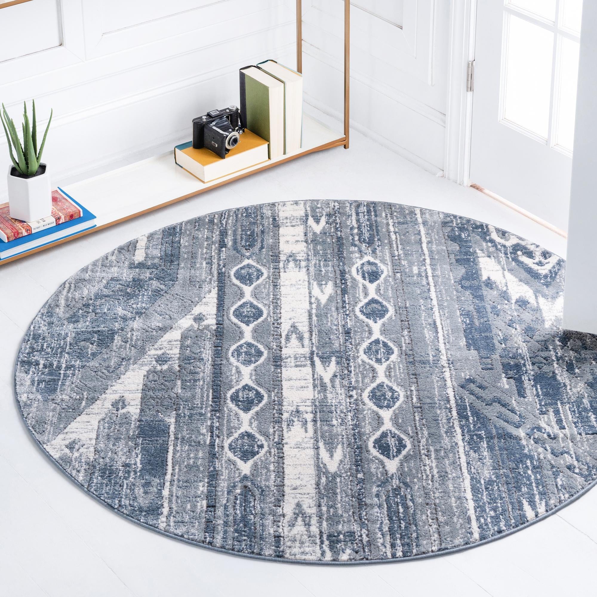 Unique Loom 3147097 Portland 7 x 7 (ft) Loomed Polypropylene Blue Gray Round Indoor Stripe Area rug