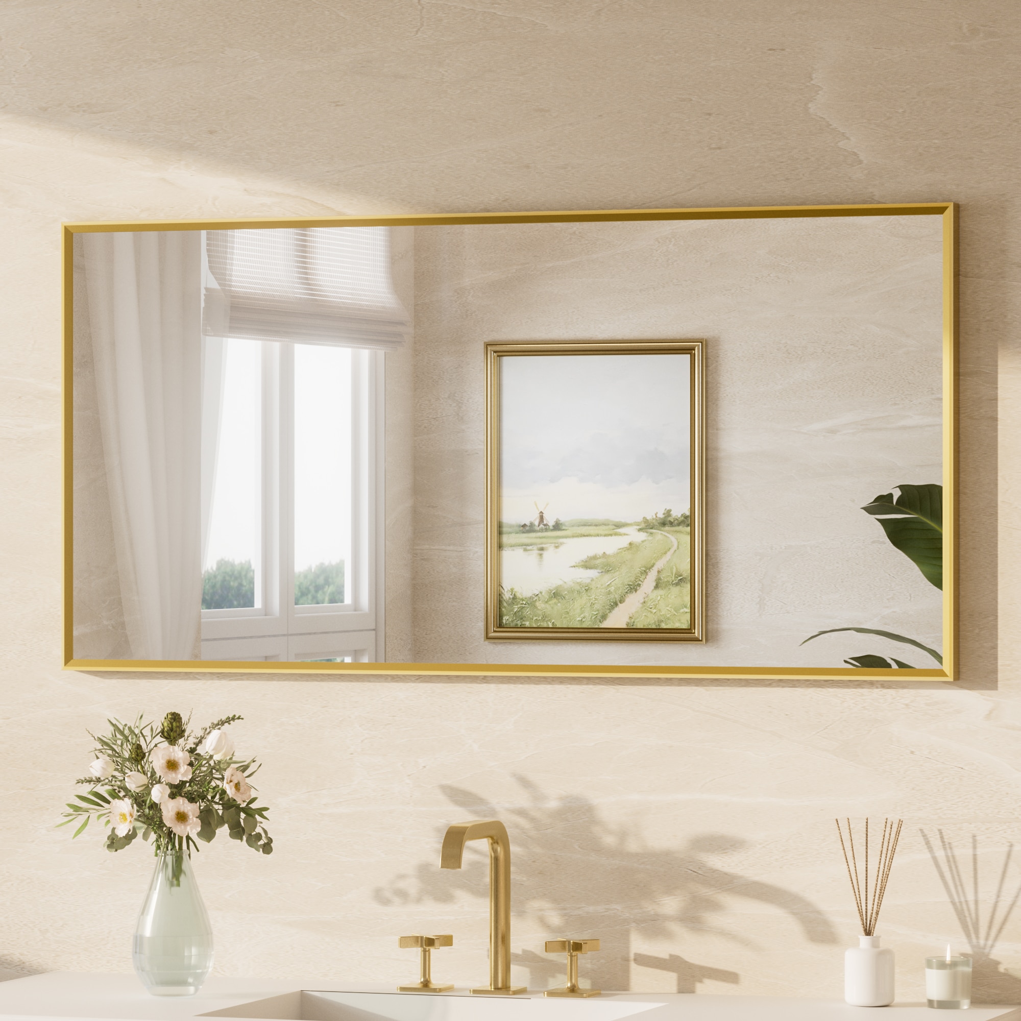Keonjinn LW-25F-12160SG Bathroom Mirrors 48-in W x 24-in H Rectangle Brushed Gold Framed Wall Mirror