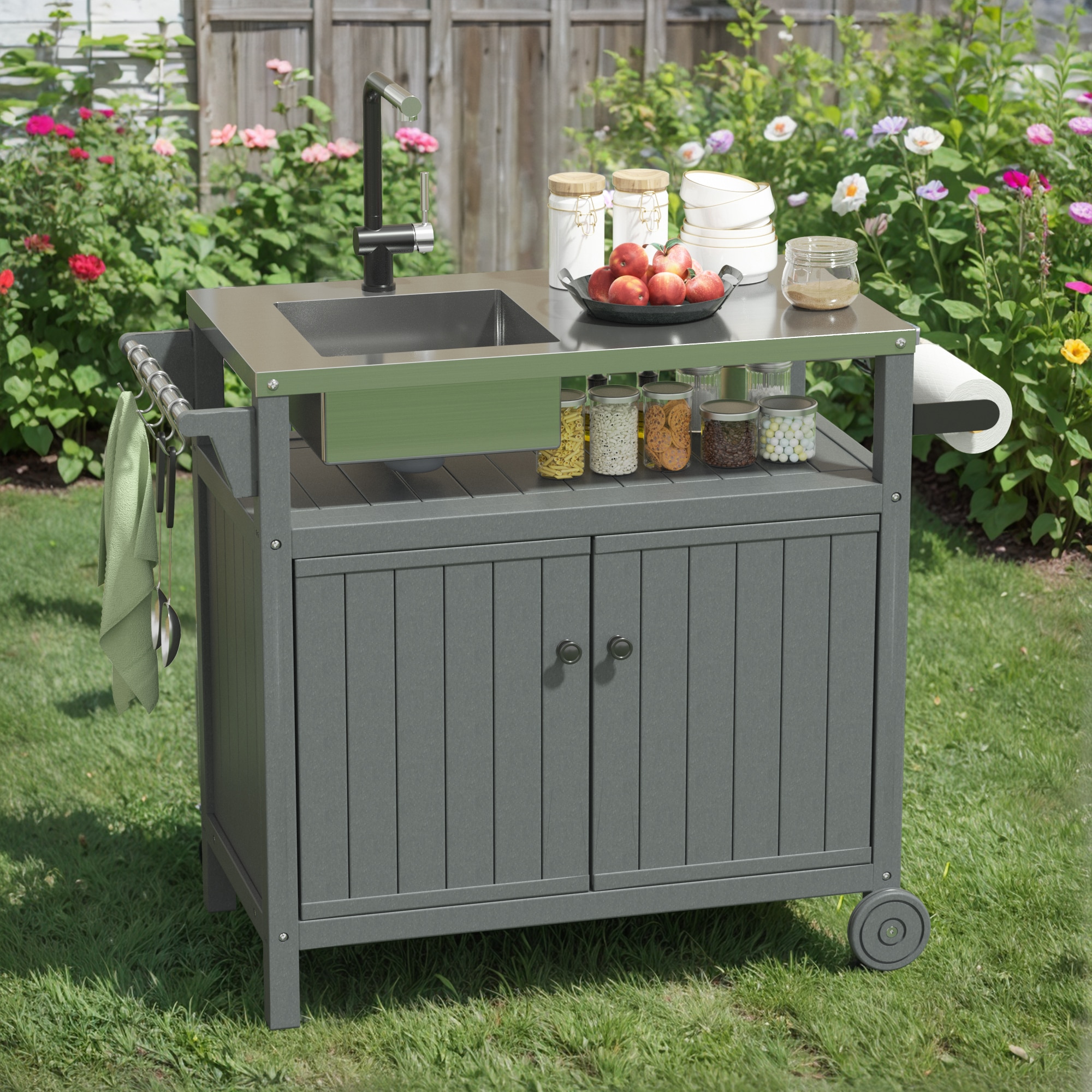 Poly furniture DC-SS06-GY Outdoor Kitchen Series HEPE Grill Table with Sink Gray Plastic Grill cart
