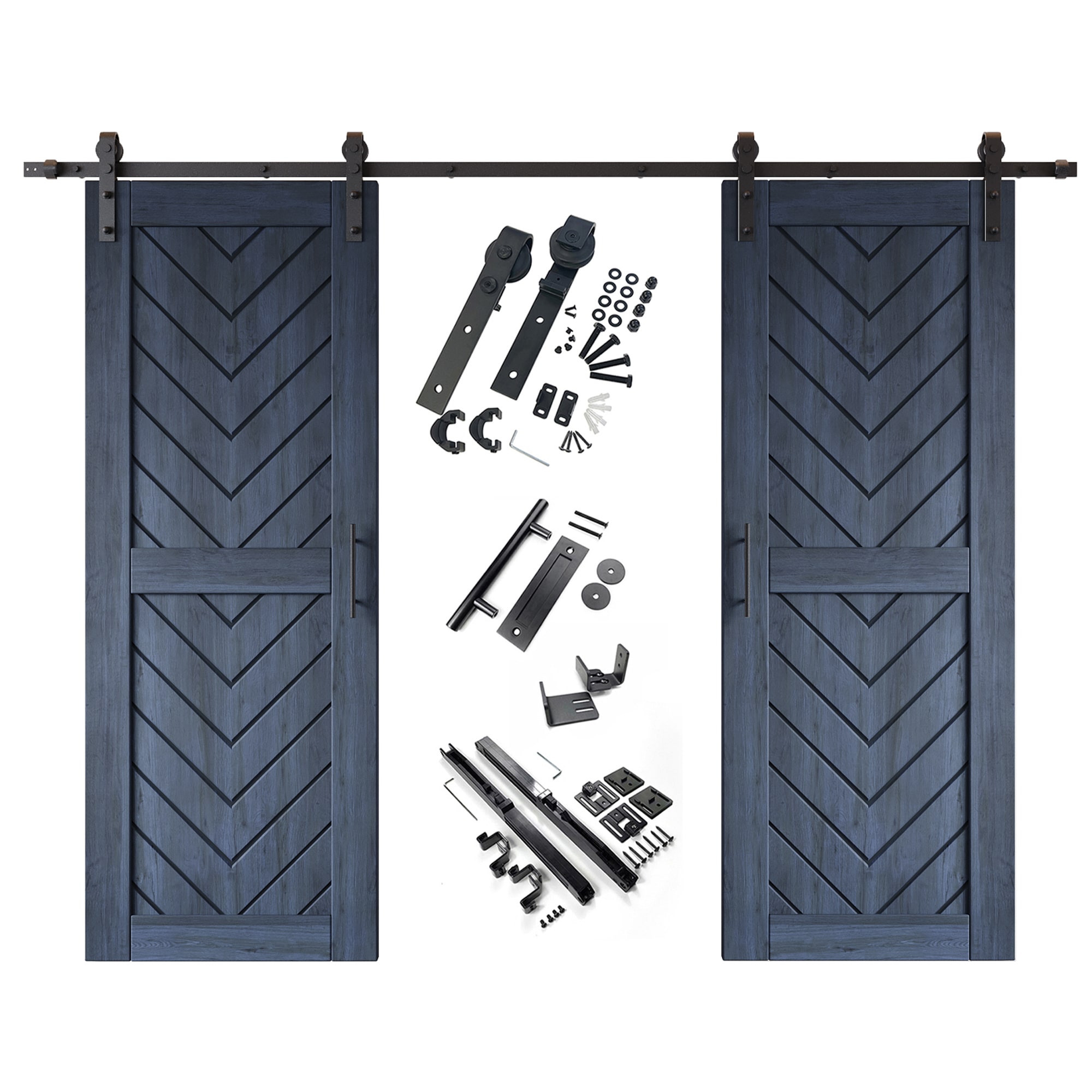 HOMACER YT2H108C-JT3-2680-NA 26-in x 80-in Navy Herringbone Pine Wood Solid core Double Barn Door (Hardware Included)